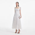 White Tulle Lace Gathered Midi Dress