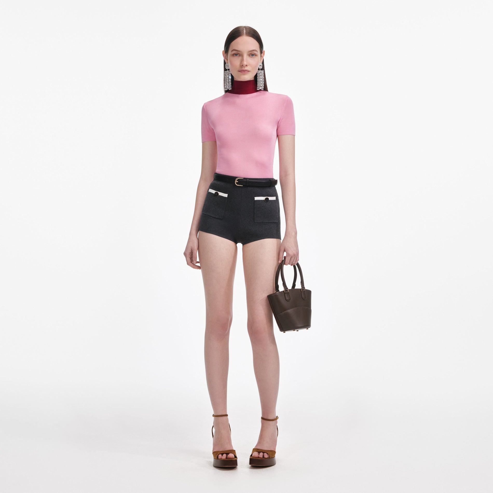 Front view of a woman wearing the Grey Knit Shorts