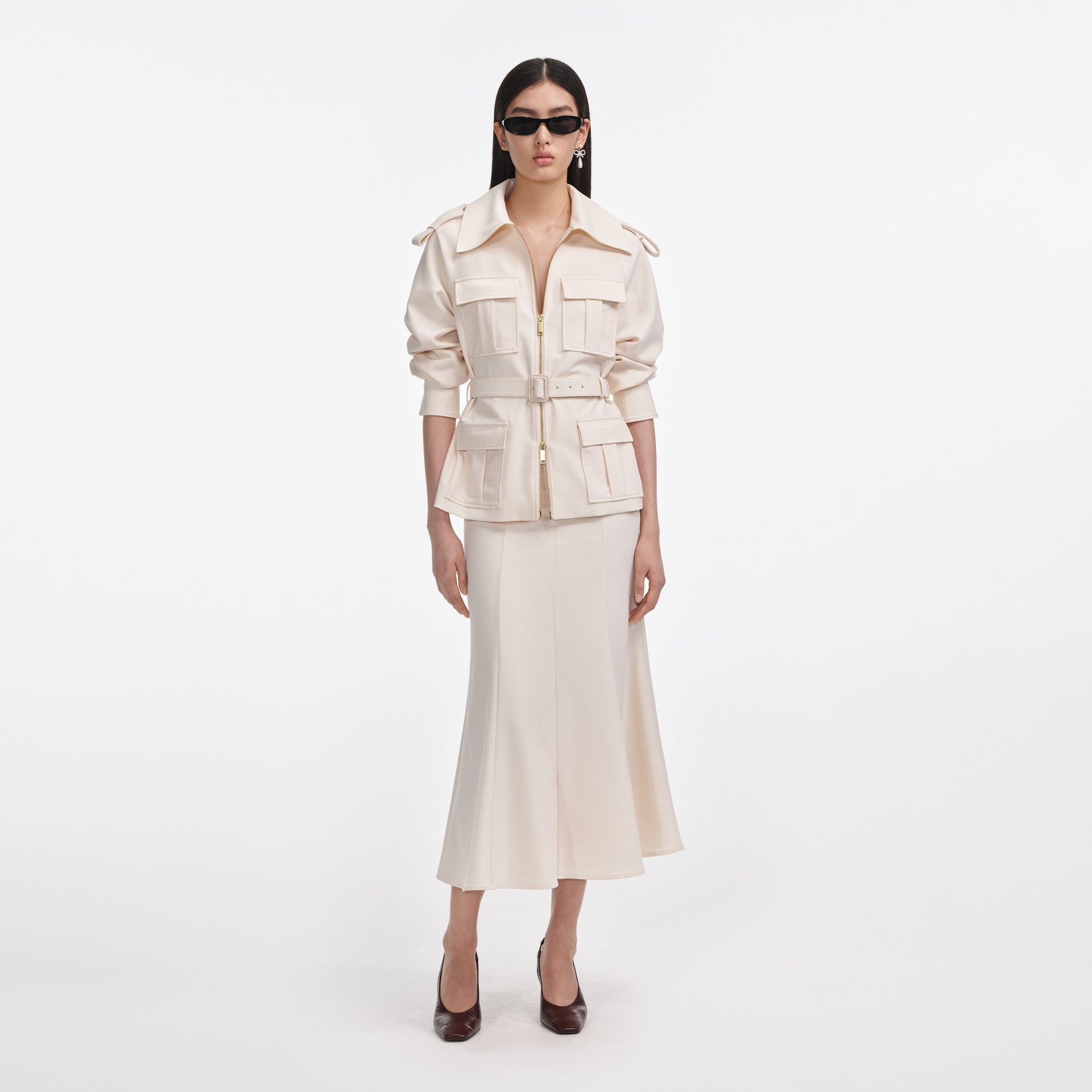 Front view of a woman wearing the Cream Twill Midi Dress