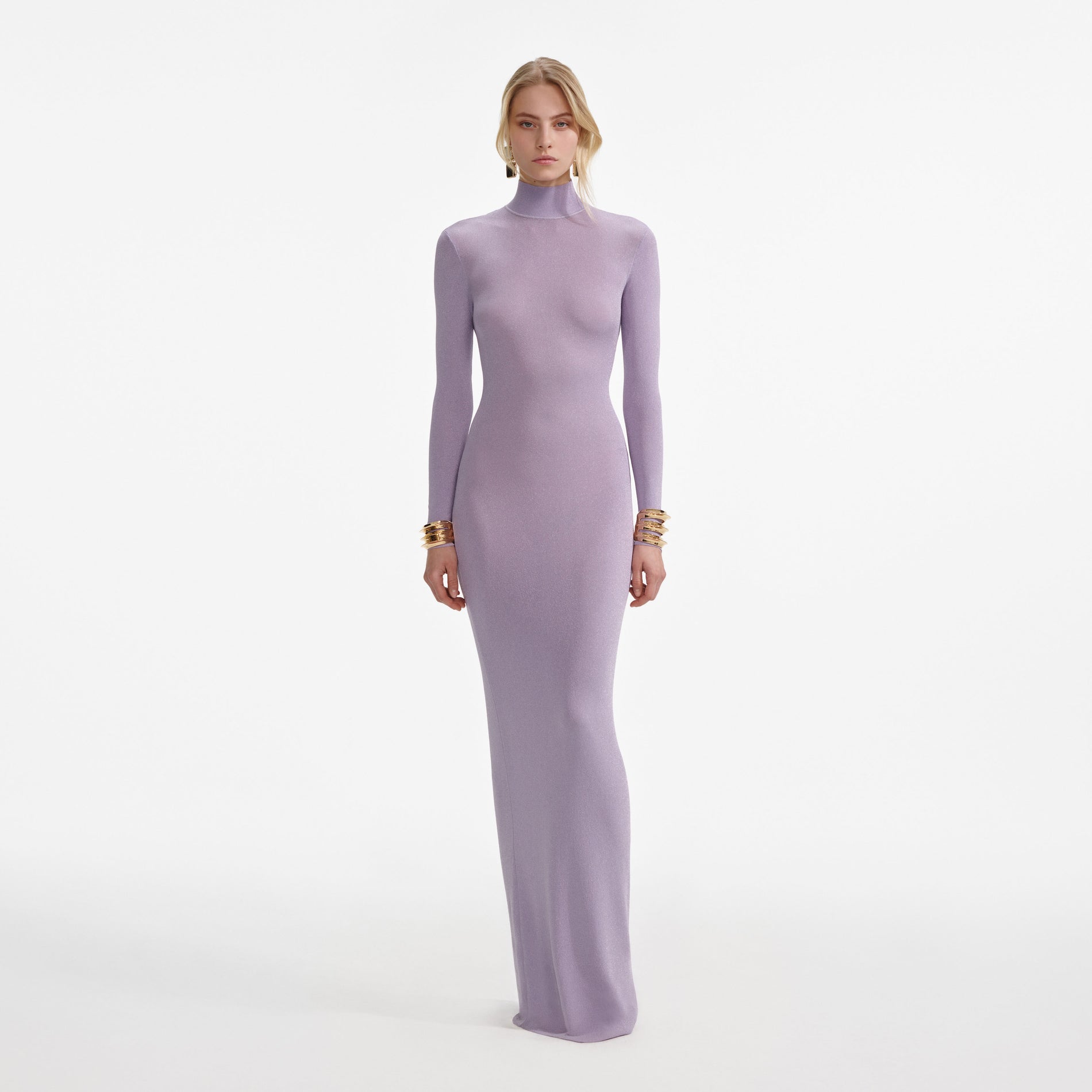 Front view of a woman wearing the Lilac Viscose Knit Maxi Dress