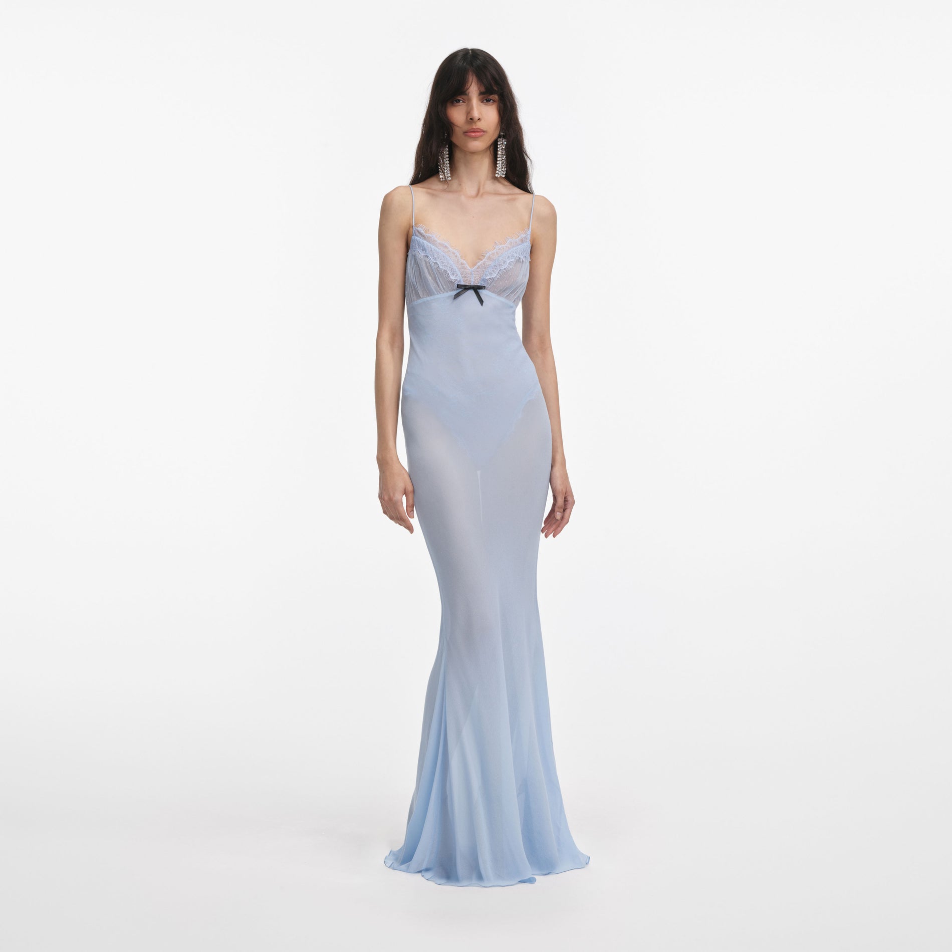 Front view of a woman wearing the Blue Strappy Georgette Maxi Dress