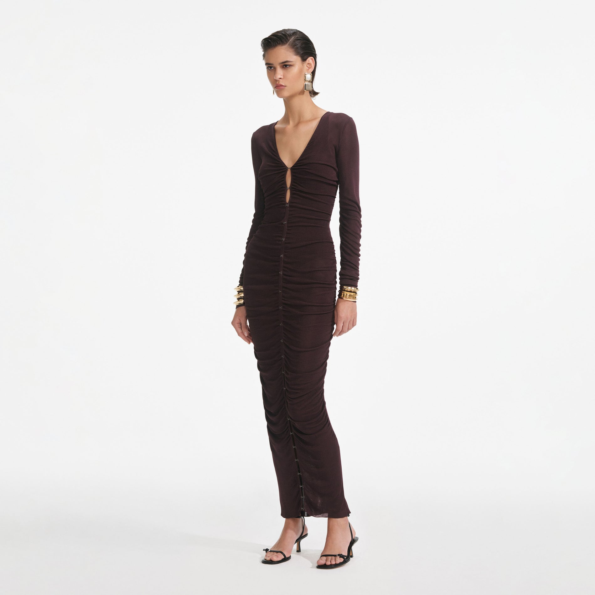Brown Gathered Viscose Knit Midi Dress
