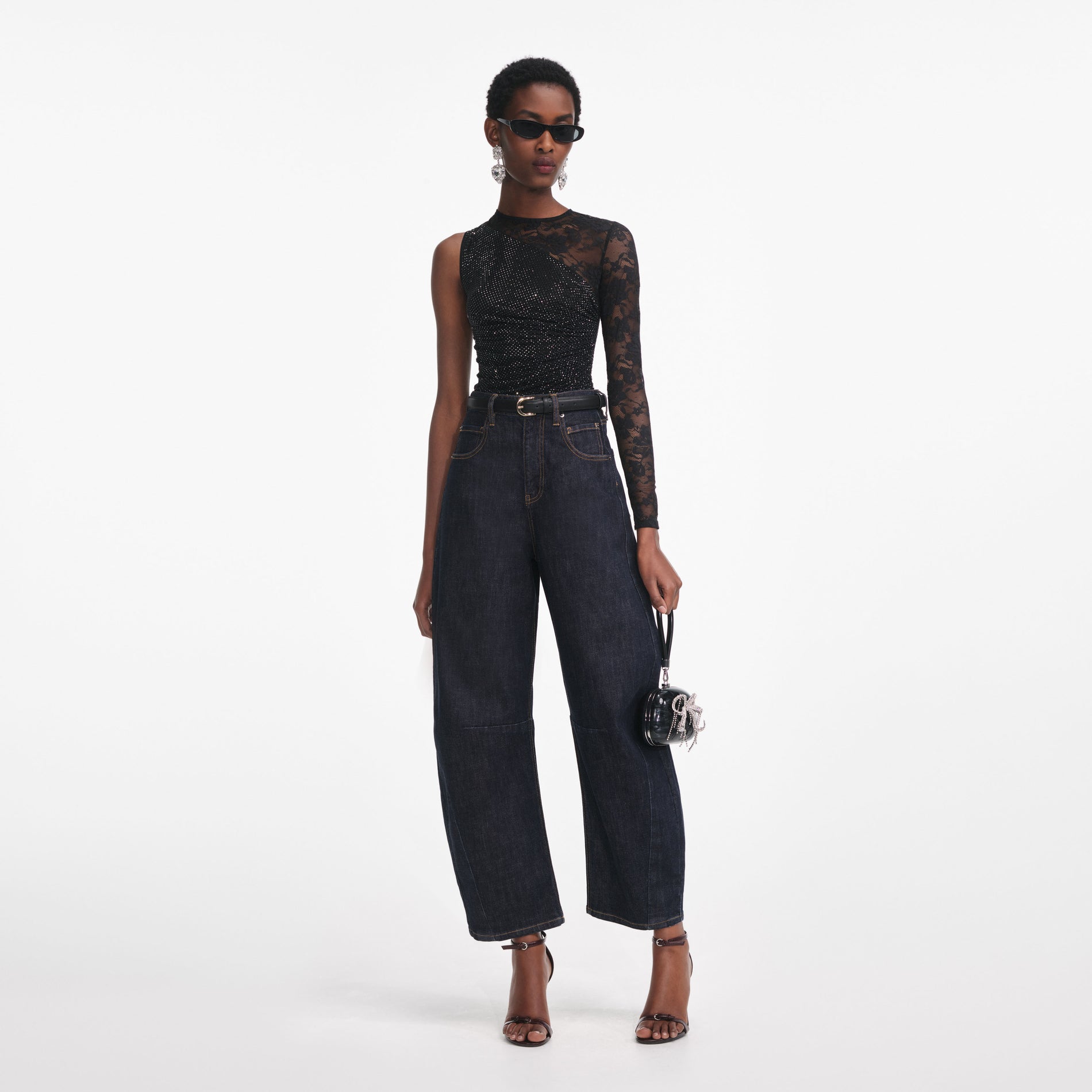 Front view of a woman wearing the Black Rhinestone Lace Sleeve Top