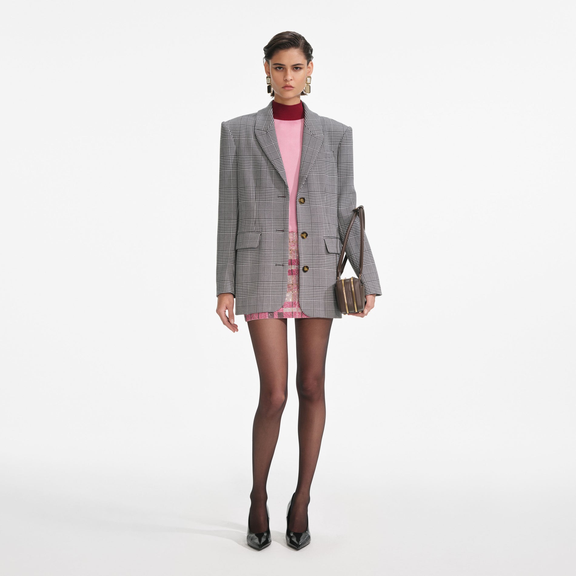 Front view of a woman wearing the Prince Of Wales Check Blazer