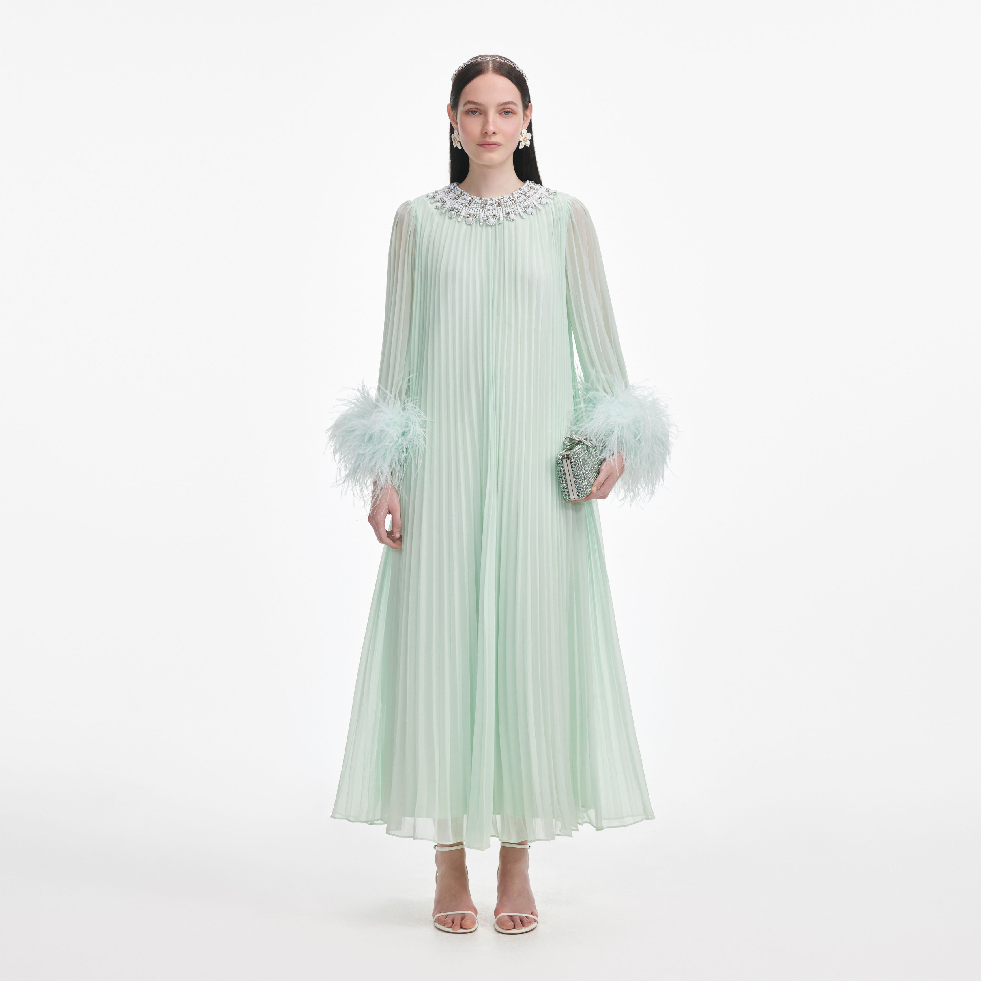 Mint Chiffon Feather Midi Dress self-portrait Mint Chiffon Feather Midi Dress self-portrait