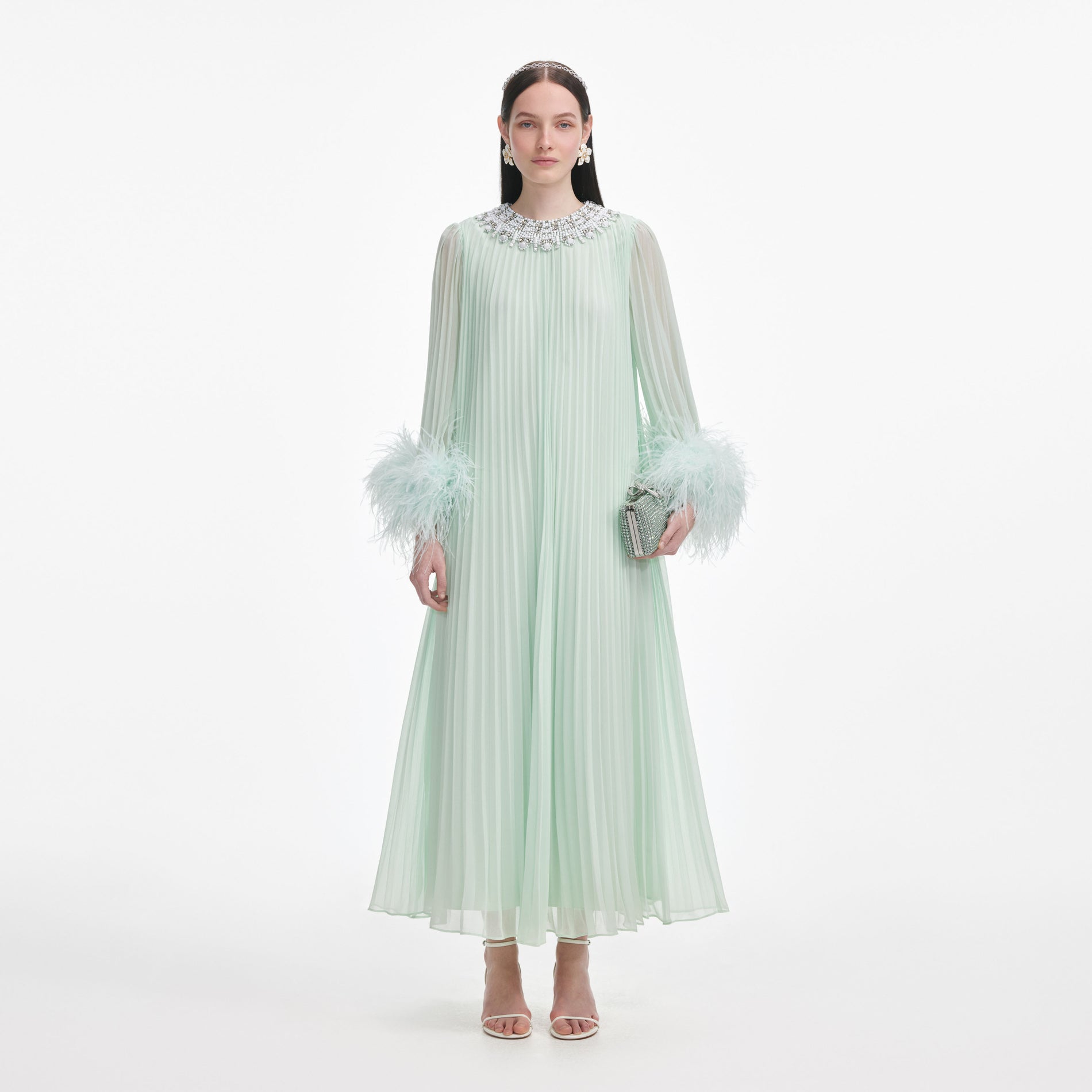 Front view of a woman wearing the Mint Chiffon Feather Midi Dress