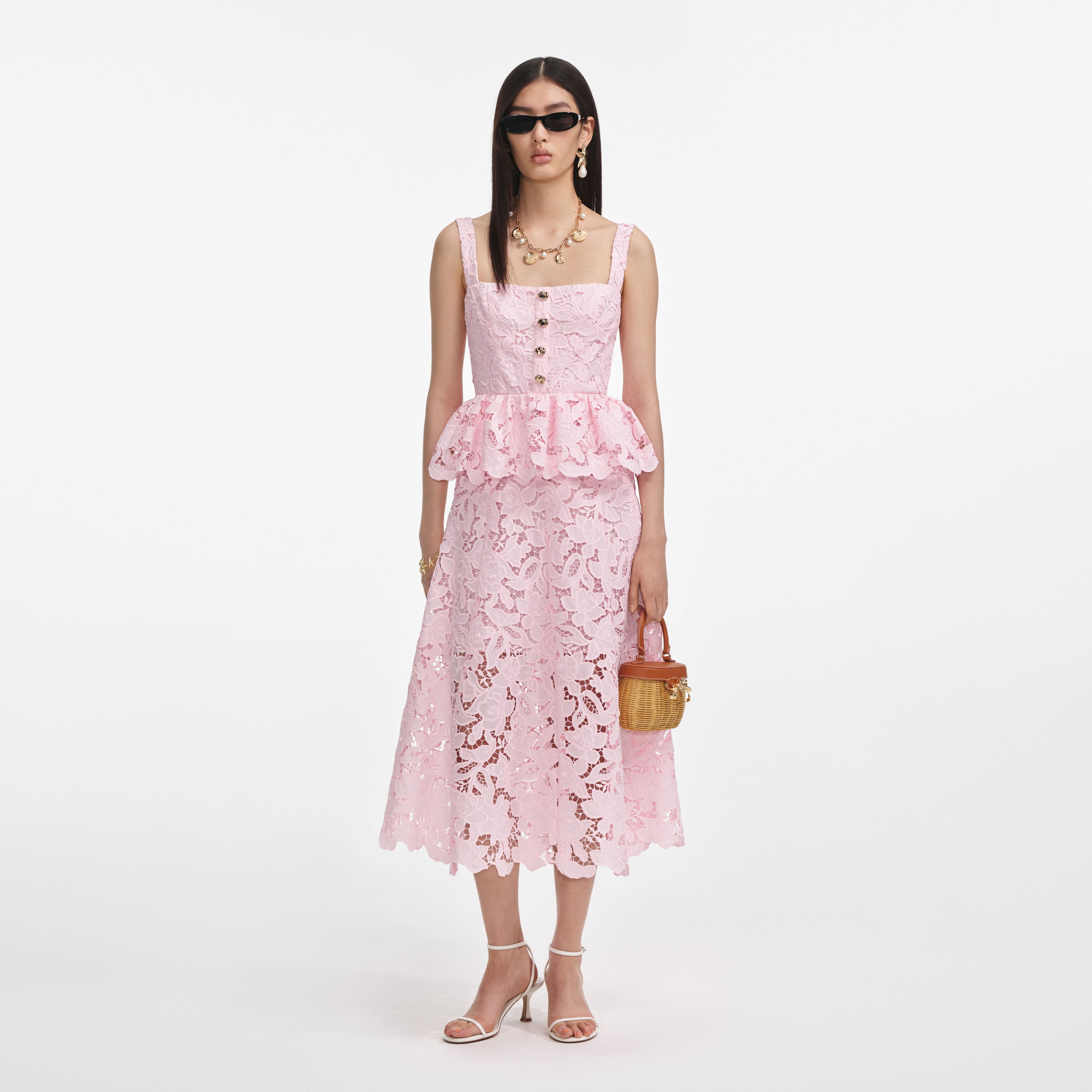 Pink Lace Peplum Midi Dress self-portrait Pink Lace Peplum Midi Dress self-portrait