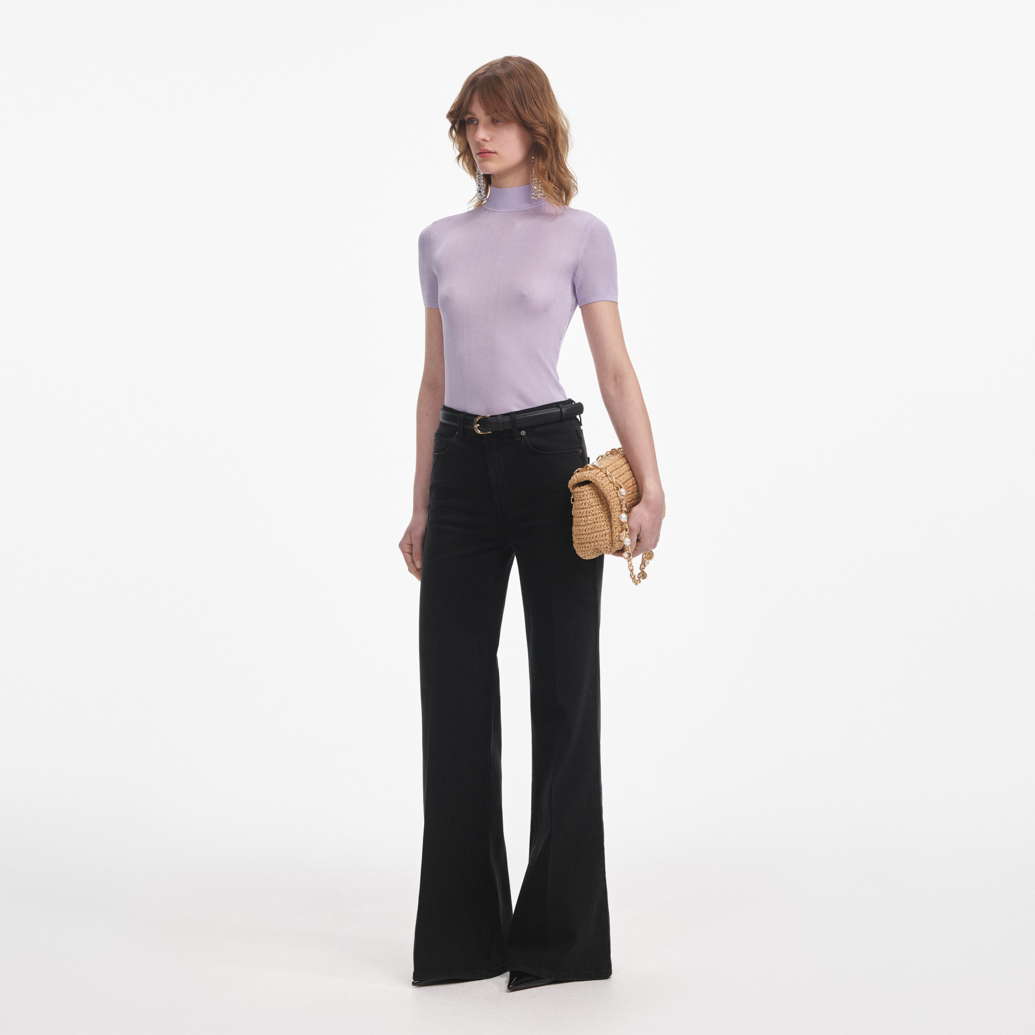 라일락 비스코스 니트 반팔 탑