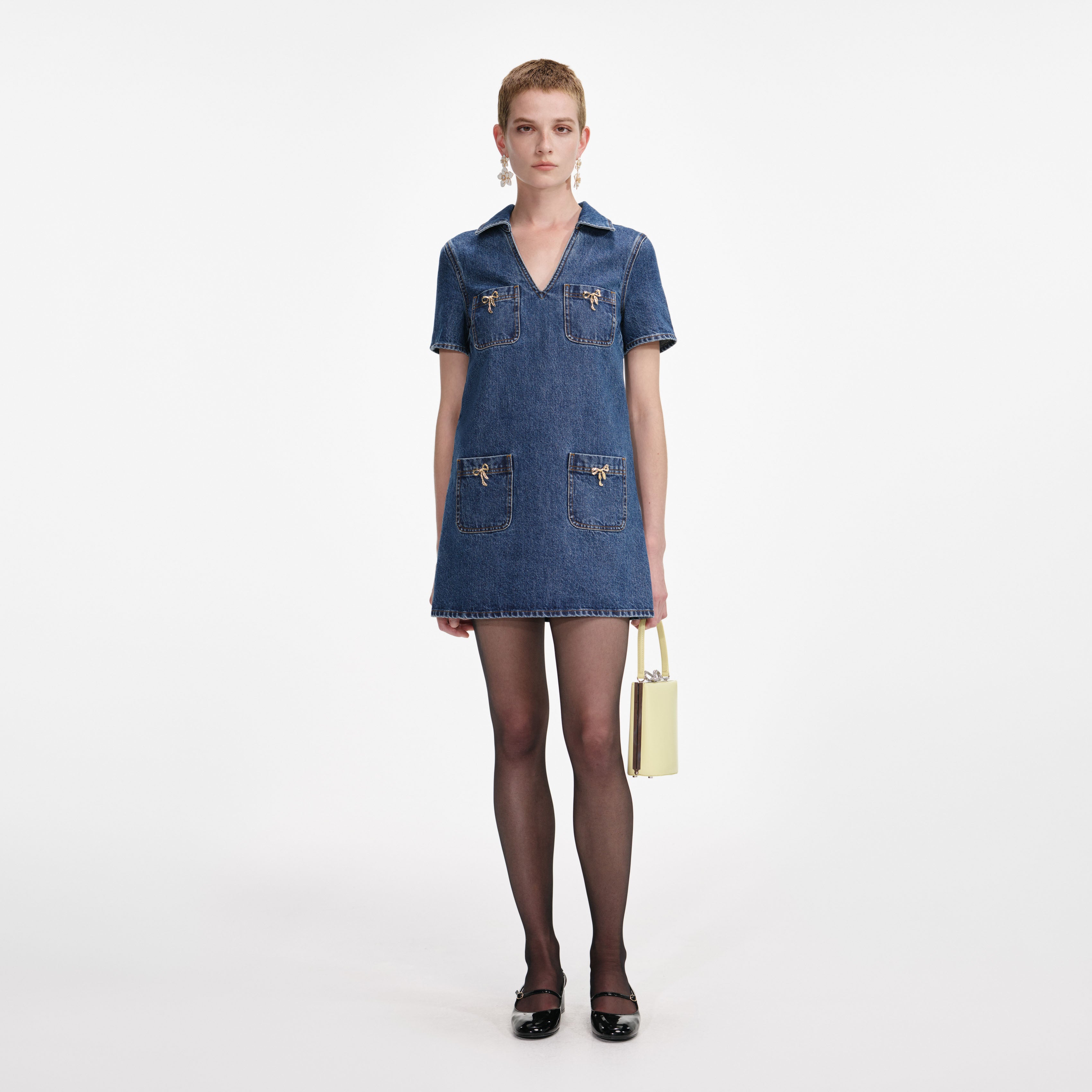 Denim Crystal Bow Mini Dress – self-portrait Denim Crystal Bow Mini Dress – self-portrait