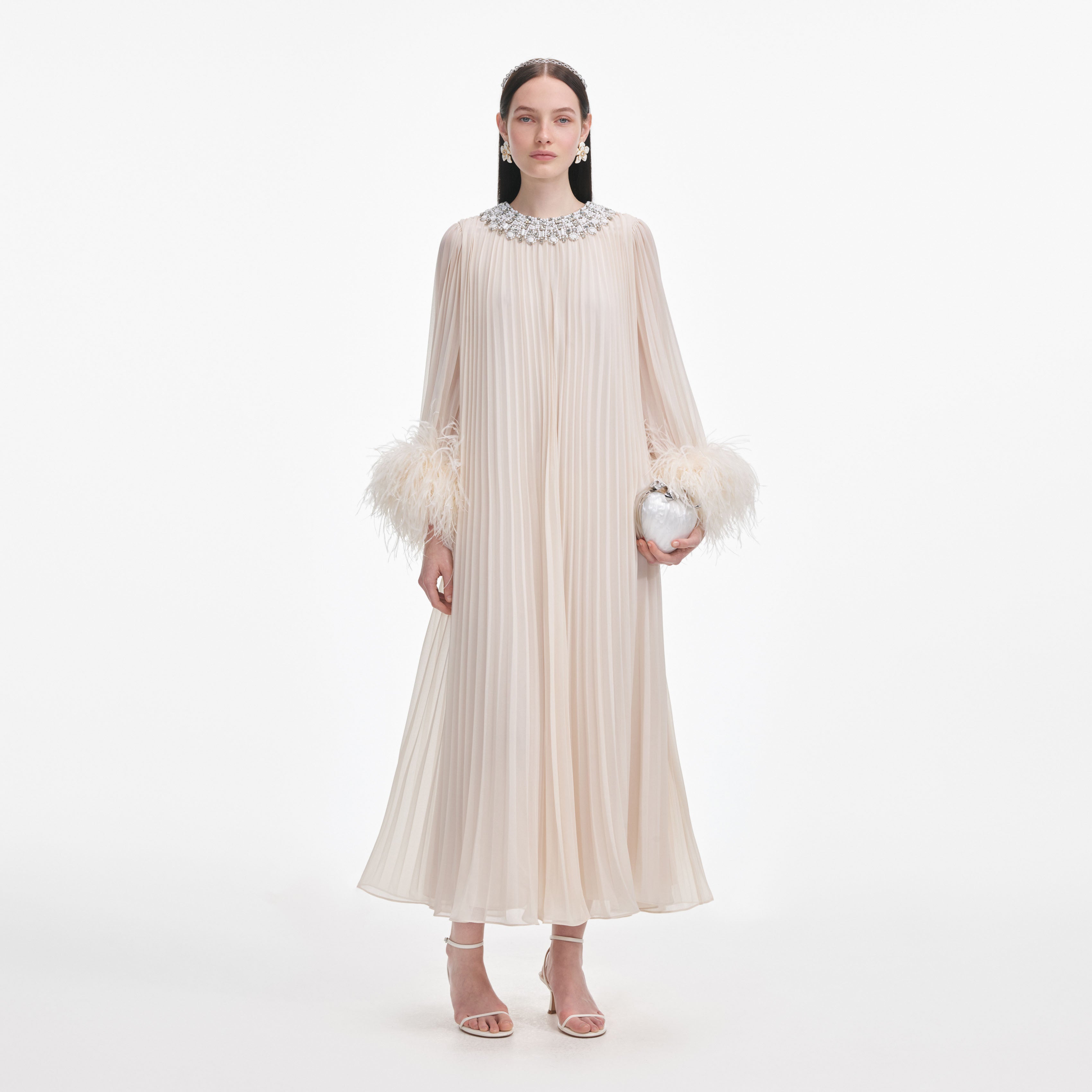 Cream Chiffon Feather Midi Dress – self-portrait