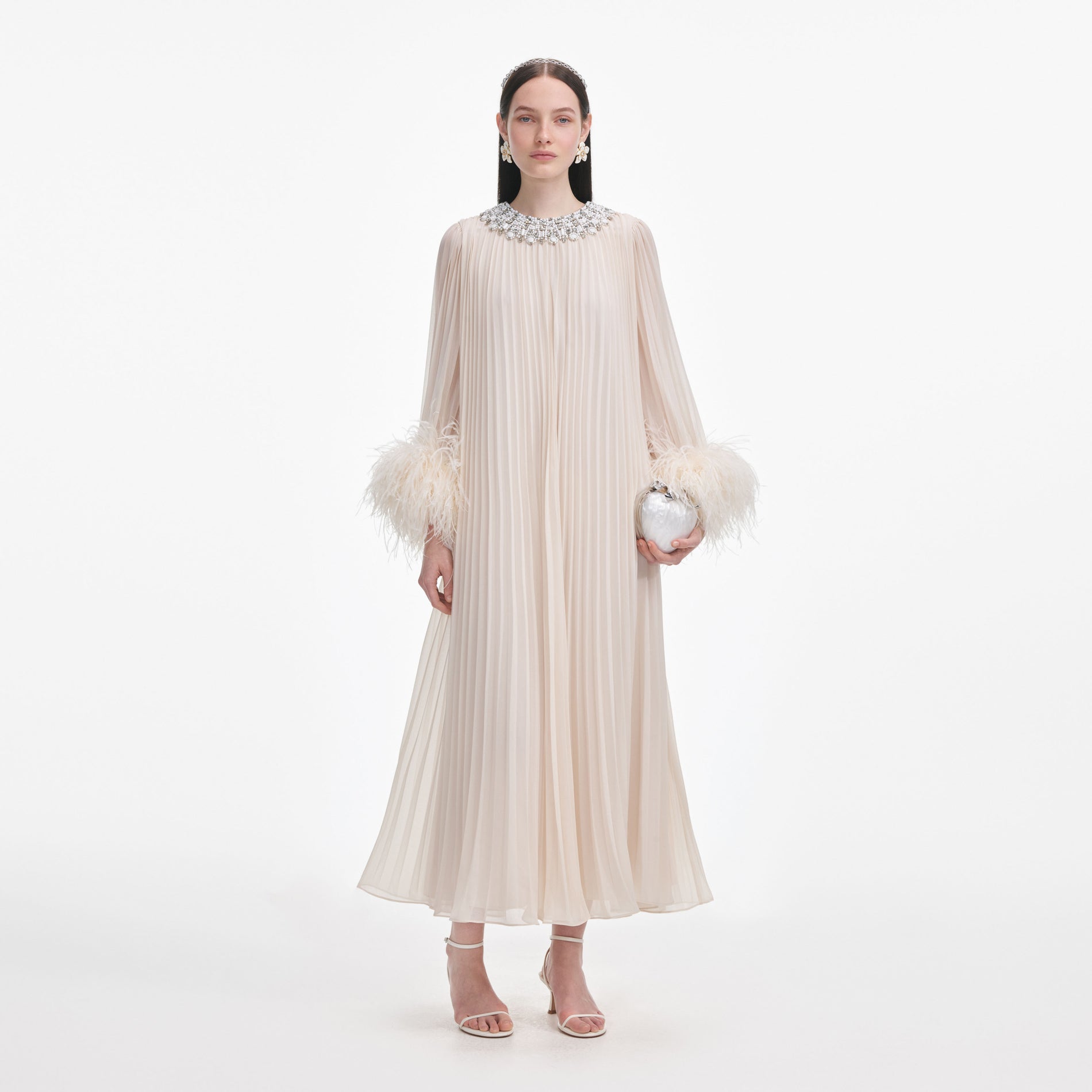 Front view of a woman wearing the Cream Chiffon Feather Midi Dress