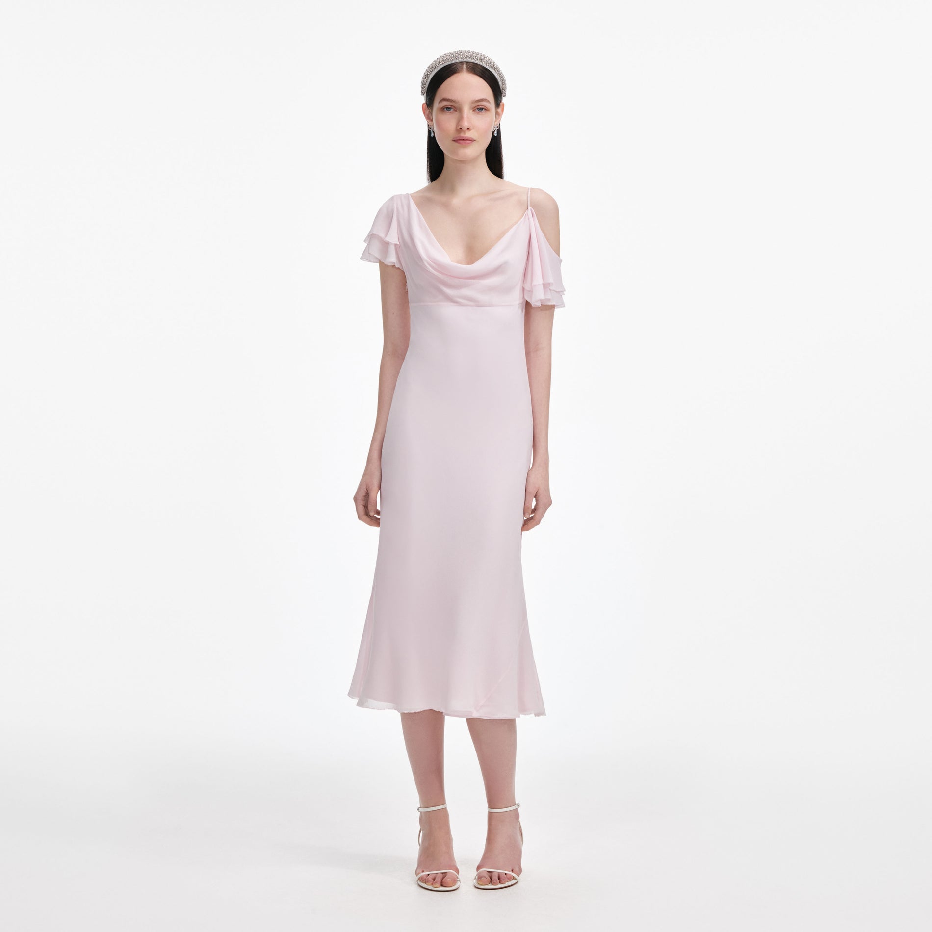 Front view of a woman wearing the Pink Georgette Frill Midi Dress