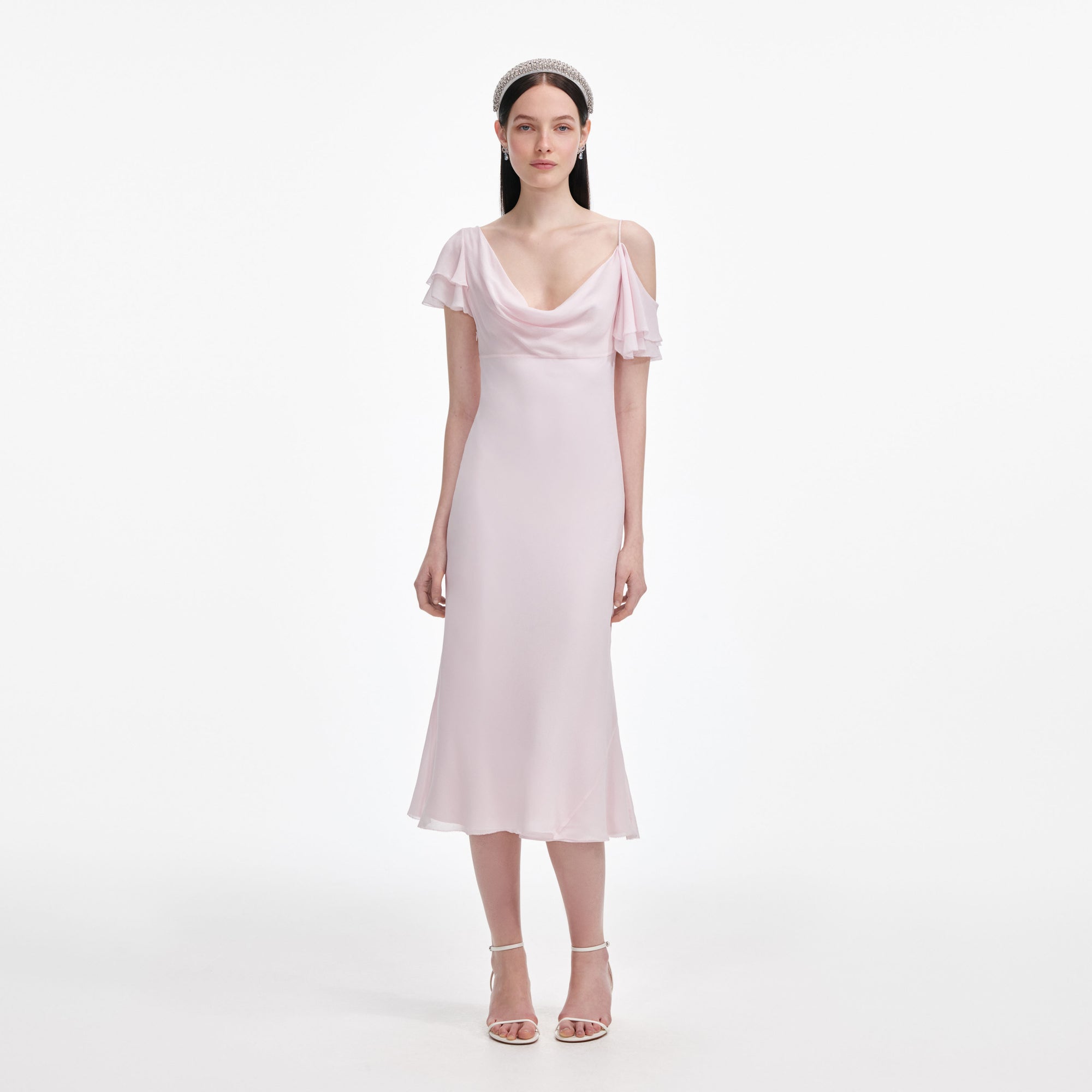 Front view of a woman wearing the Pink Georgette Frill Midi Dress