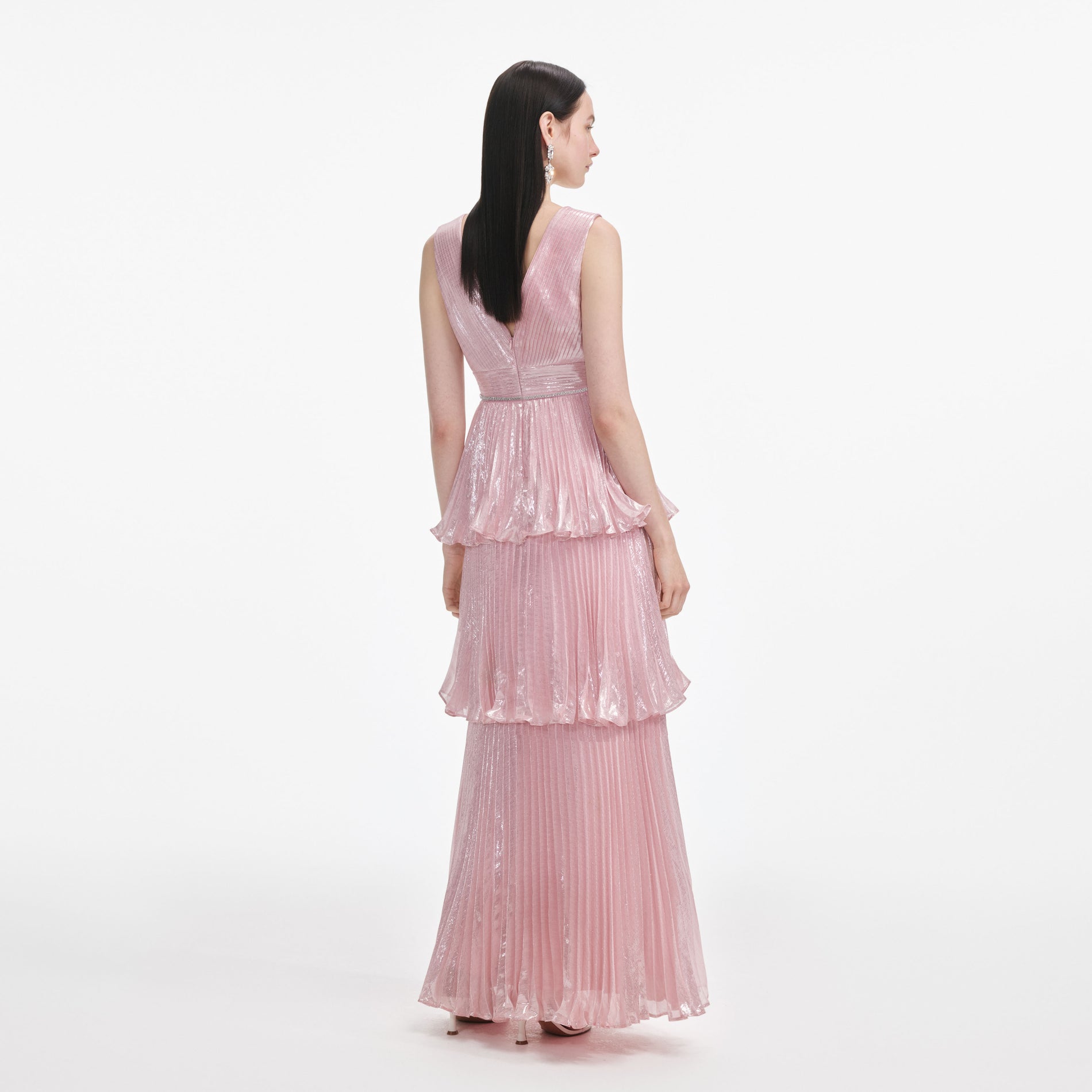 Back view of a woman wearing the Pink Metallic Tiered Maxi Dress