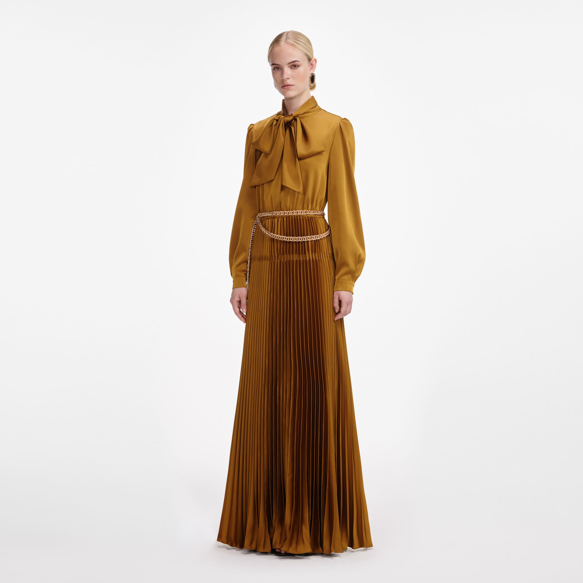 Bronze Satin Tie Neck Maxi Dress