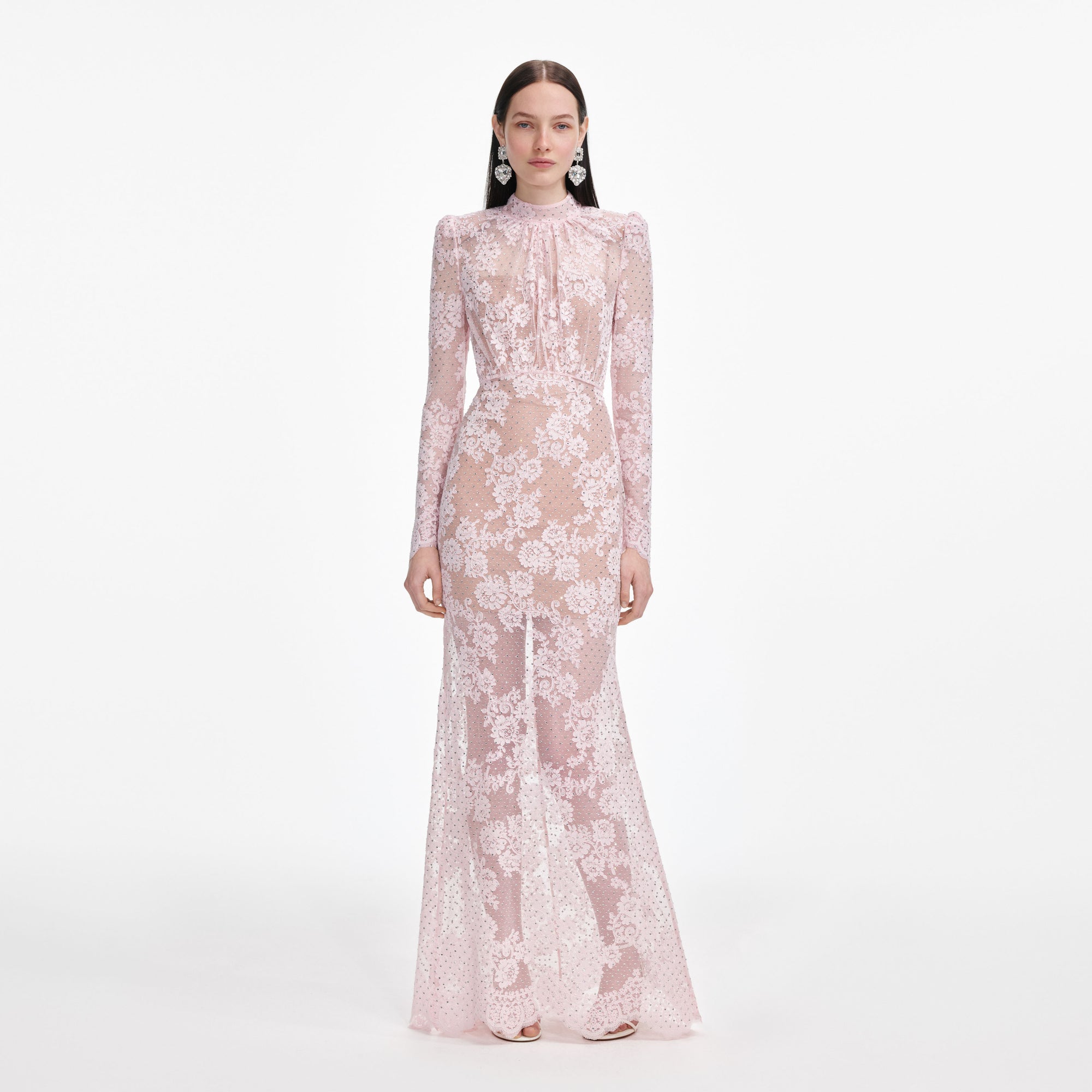 Front view of a woman wearing the Pale Pink Rhinestone Lace Maxi Dress