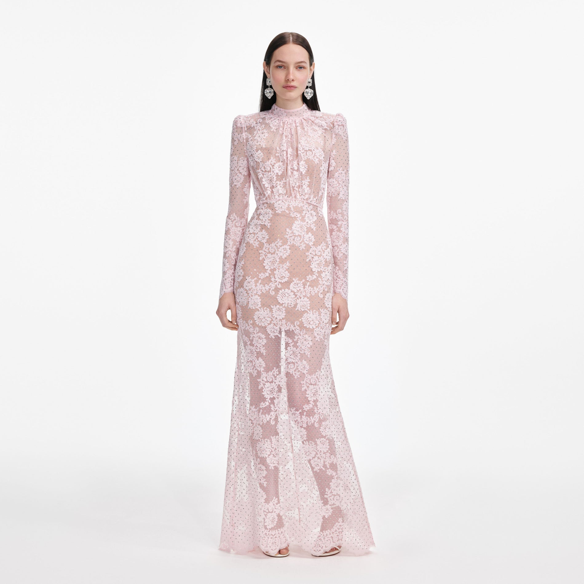 Front view of a woman wearing the Pale Pink Rhinestone Lace Maxi Dress