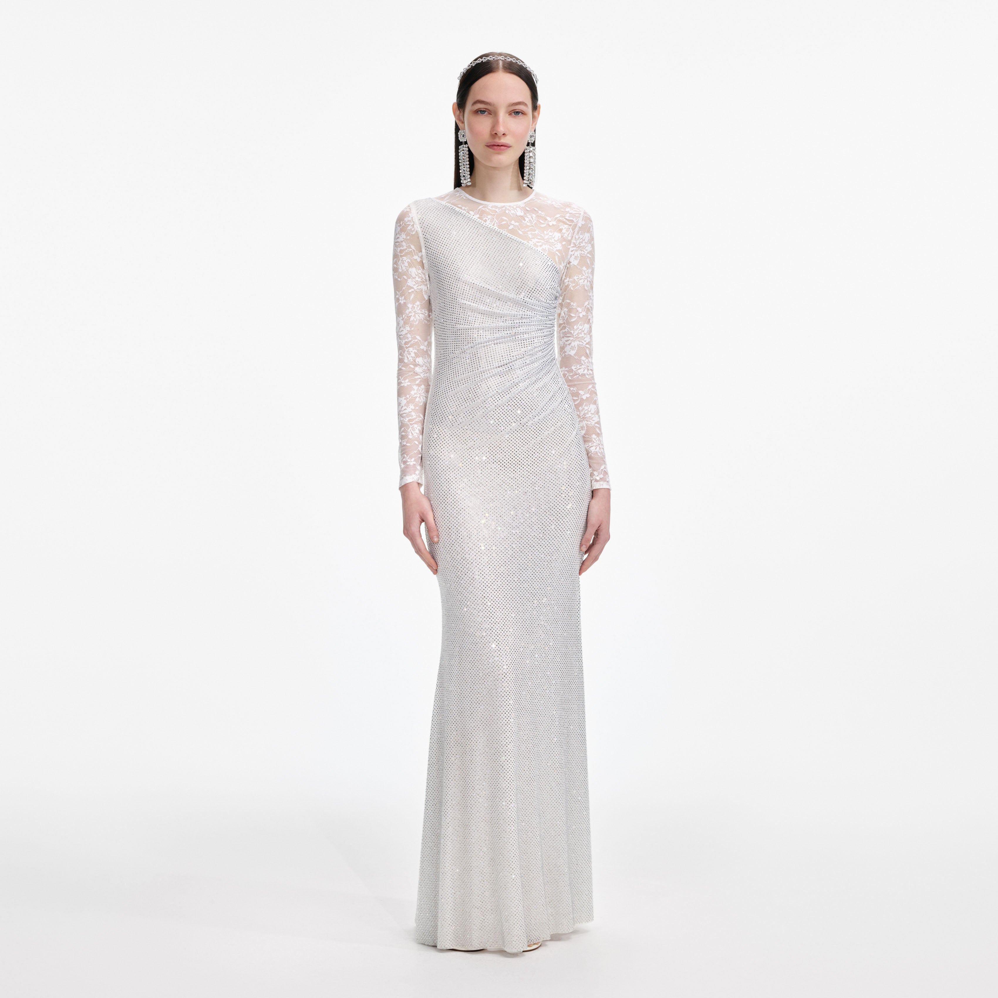 White Rhinestone Lace Sleeves Maxi Dress