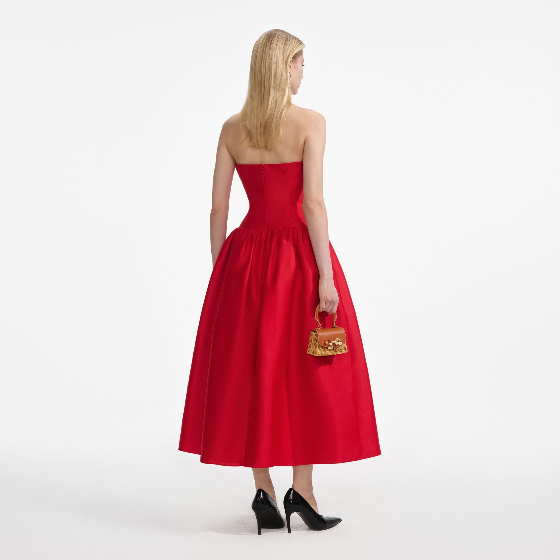 Back view of a woman wearing the Red Taffeta Midi Dress