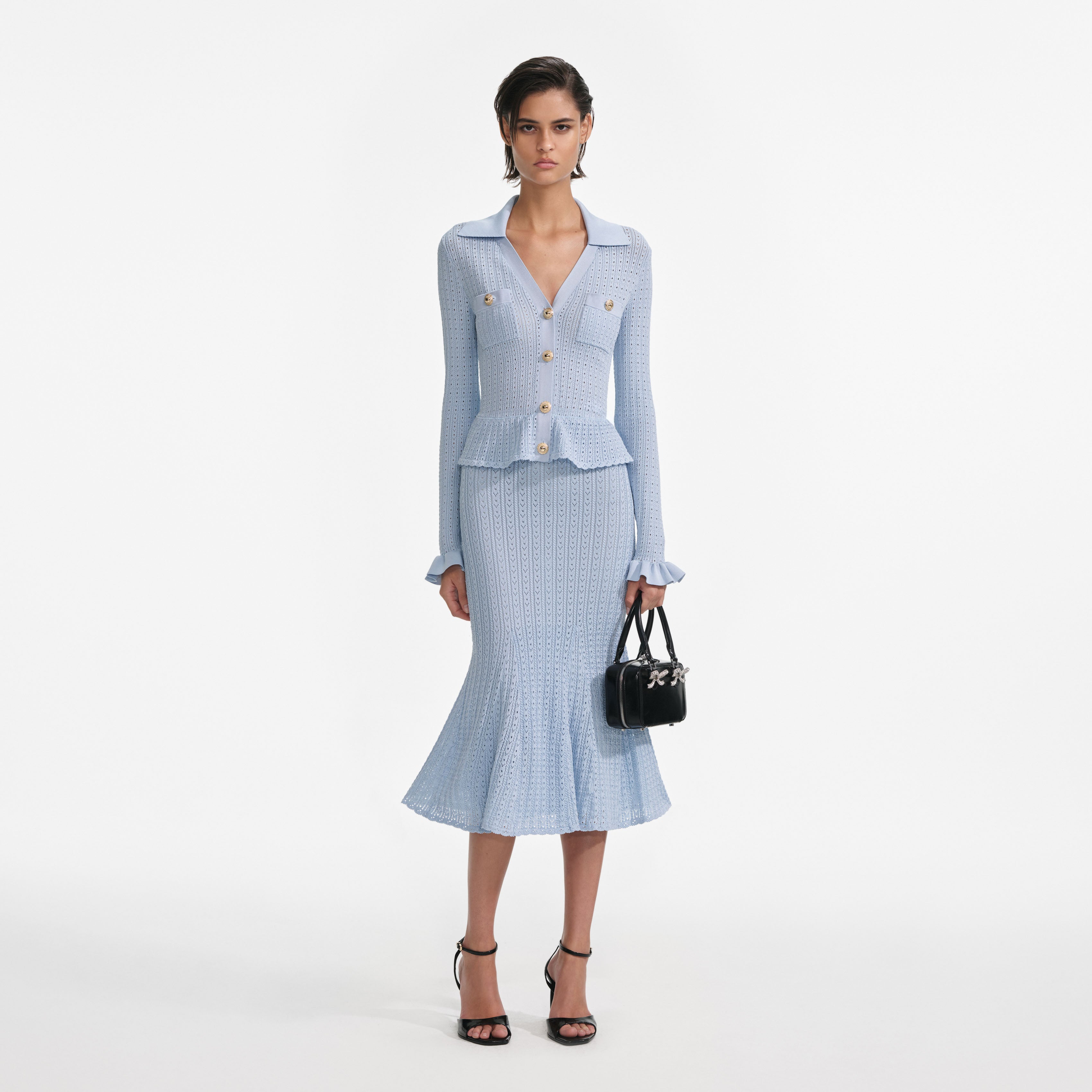 블루 페플럼 니트 미디 드레스