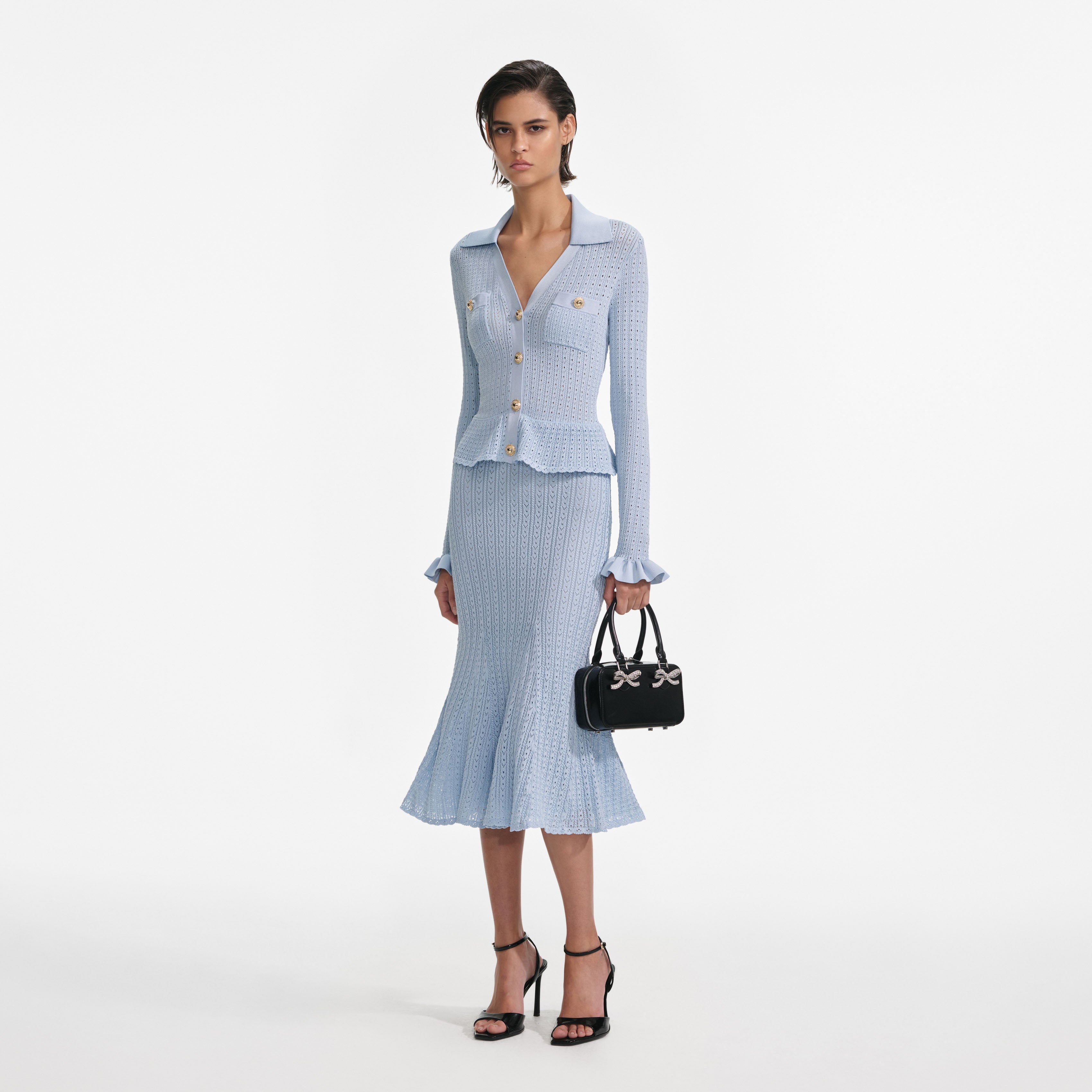 블루 페플럼 니트 미디 드레스