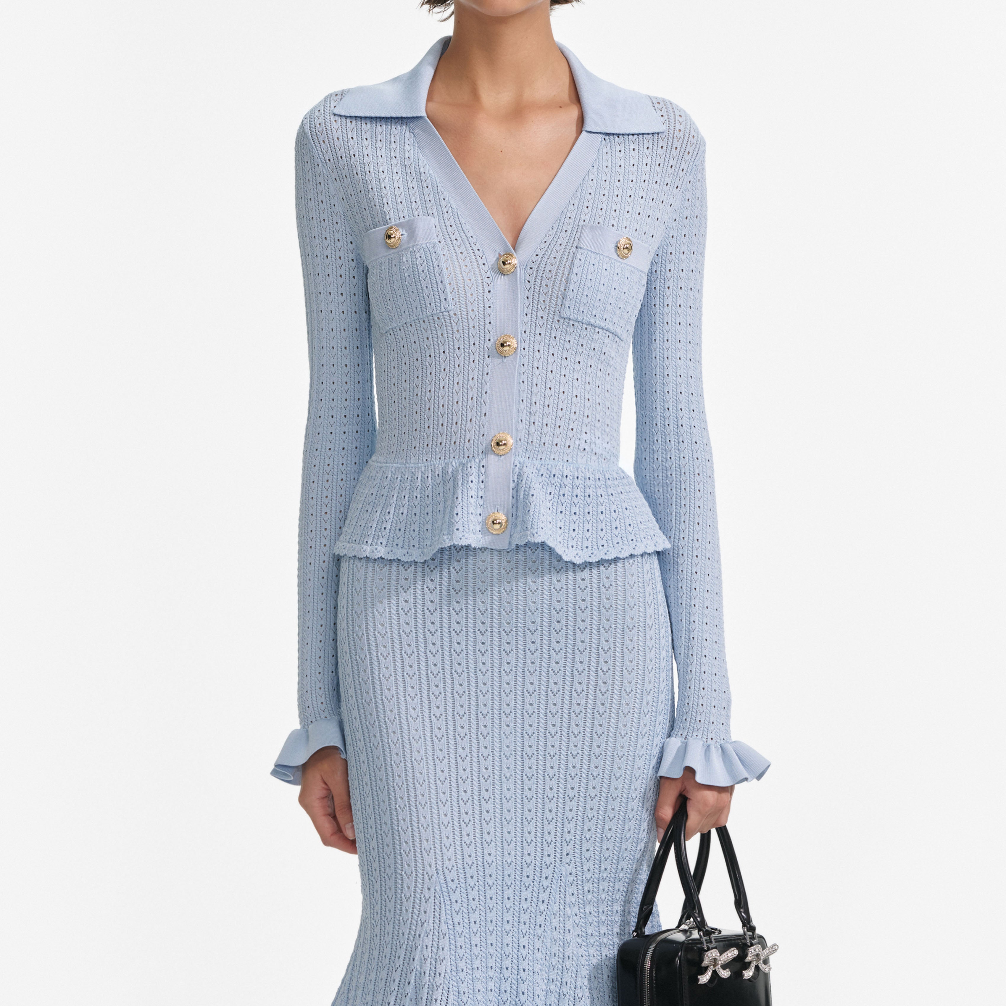 블루 페플럼 니트 미디 드레스