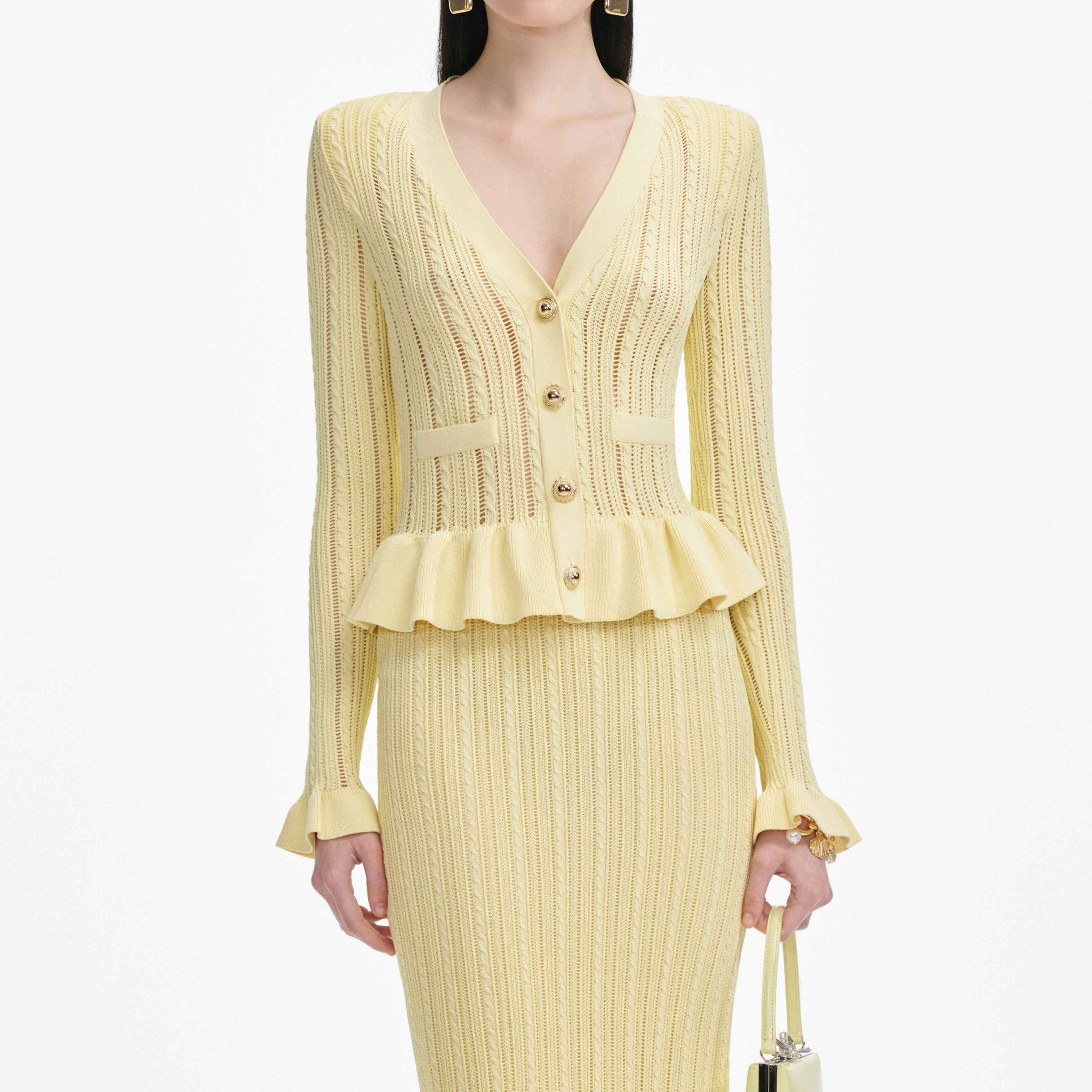 옐로우 니트 페플럼 미디 드레스