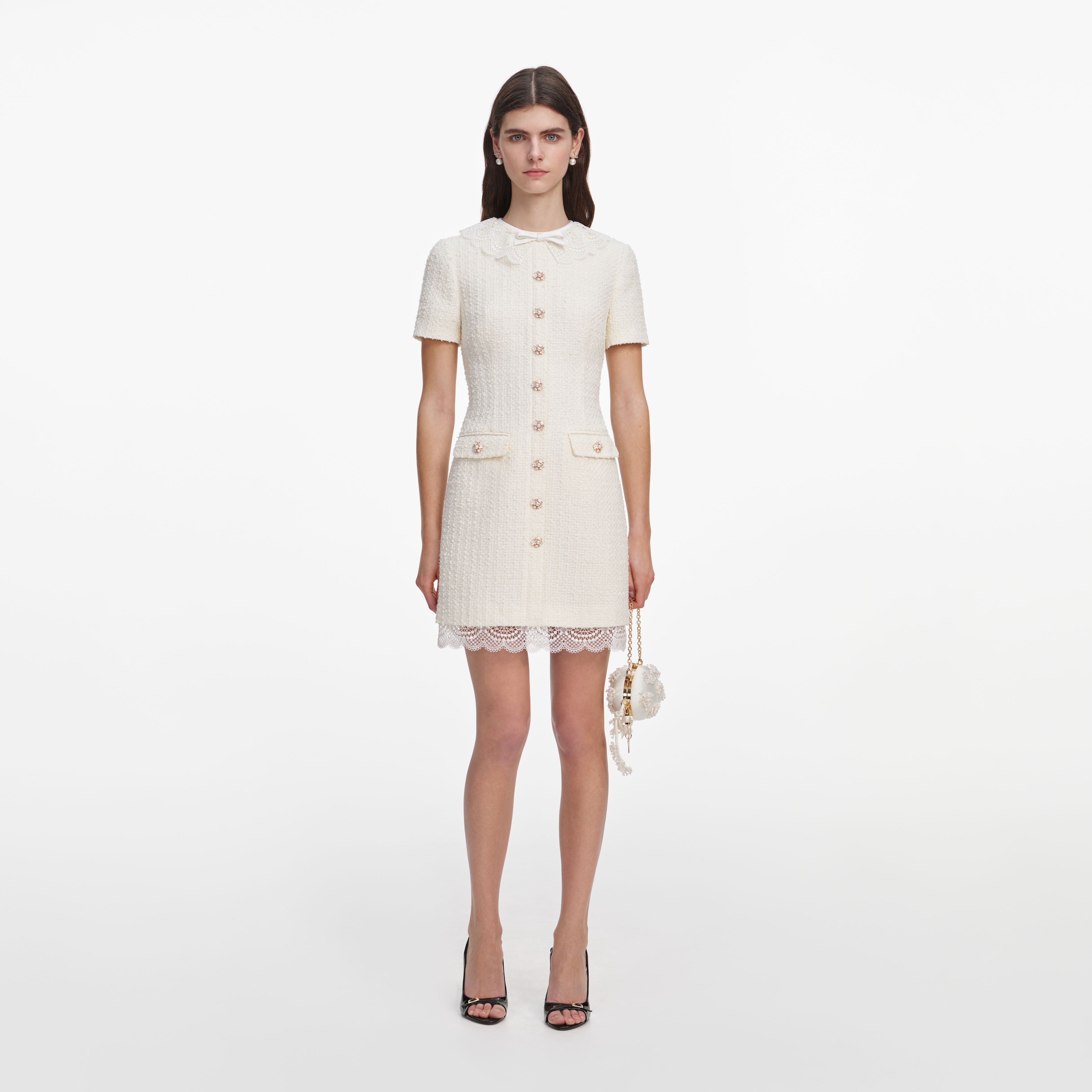 Cream Boucle Lace Trim Tailored Mini Dress – self-portrait