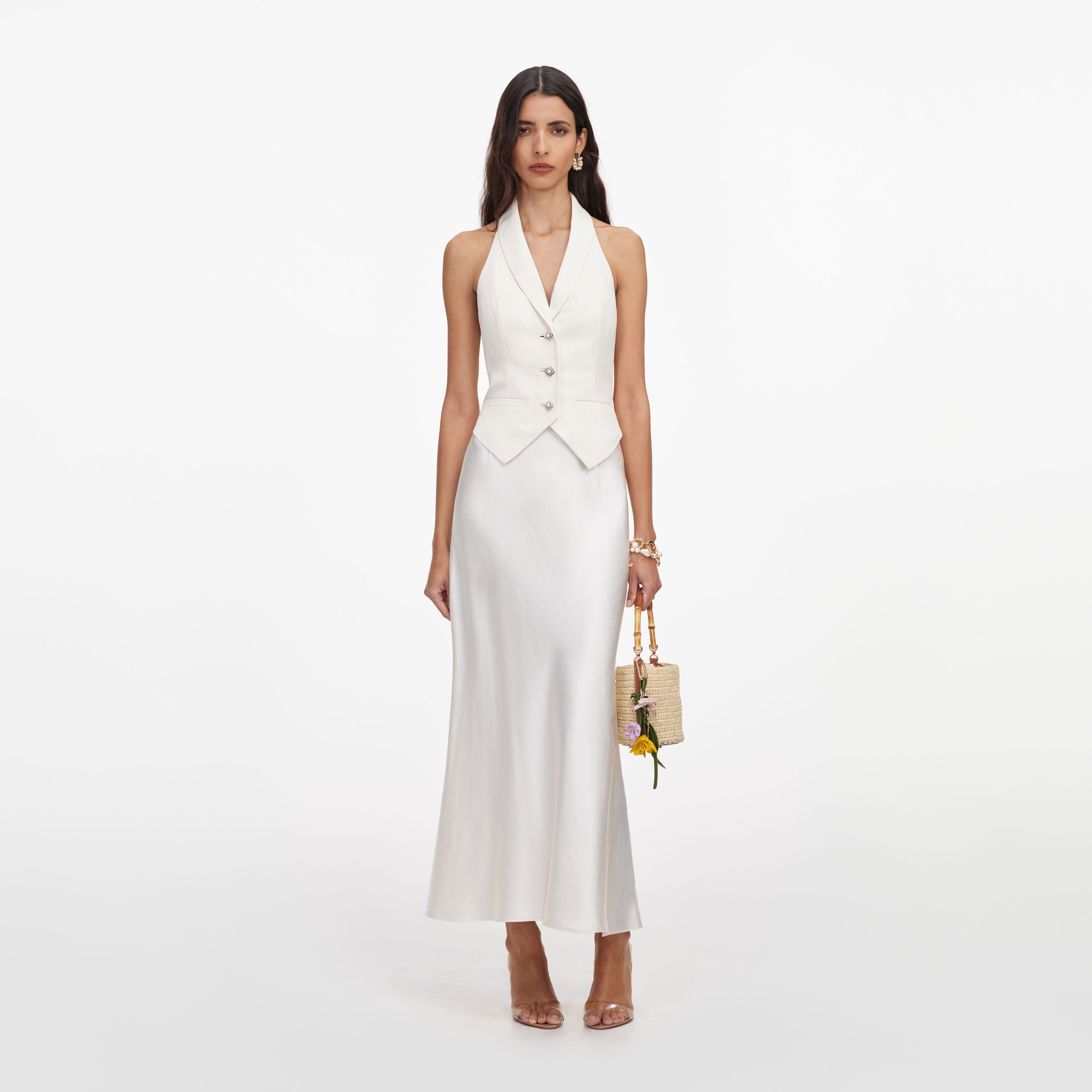 Cream Linen Blend Satin Midi Dress  self-portrait