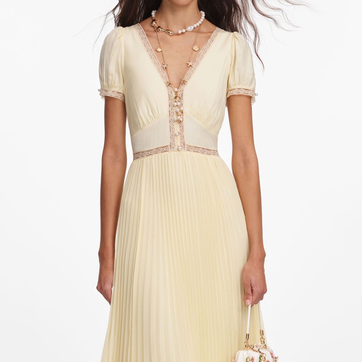 Yellow Viscose Pleated Lace Midi Dress