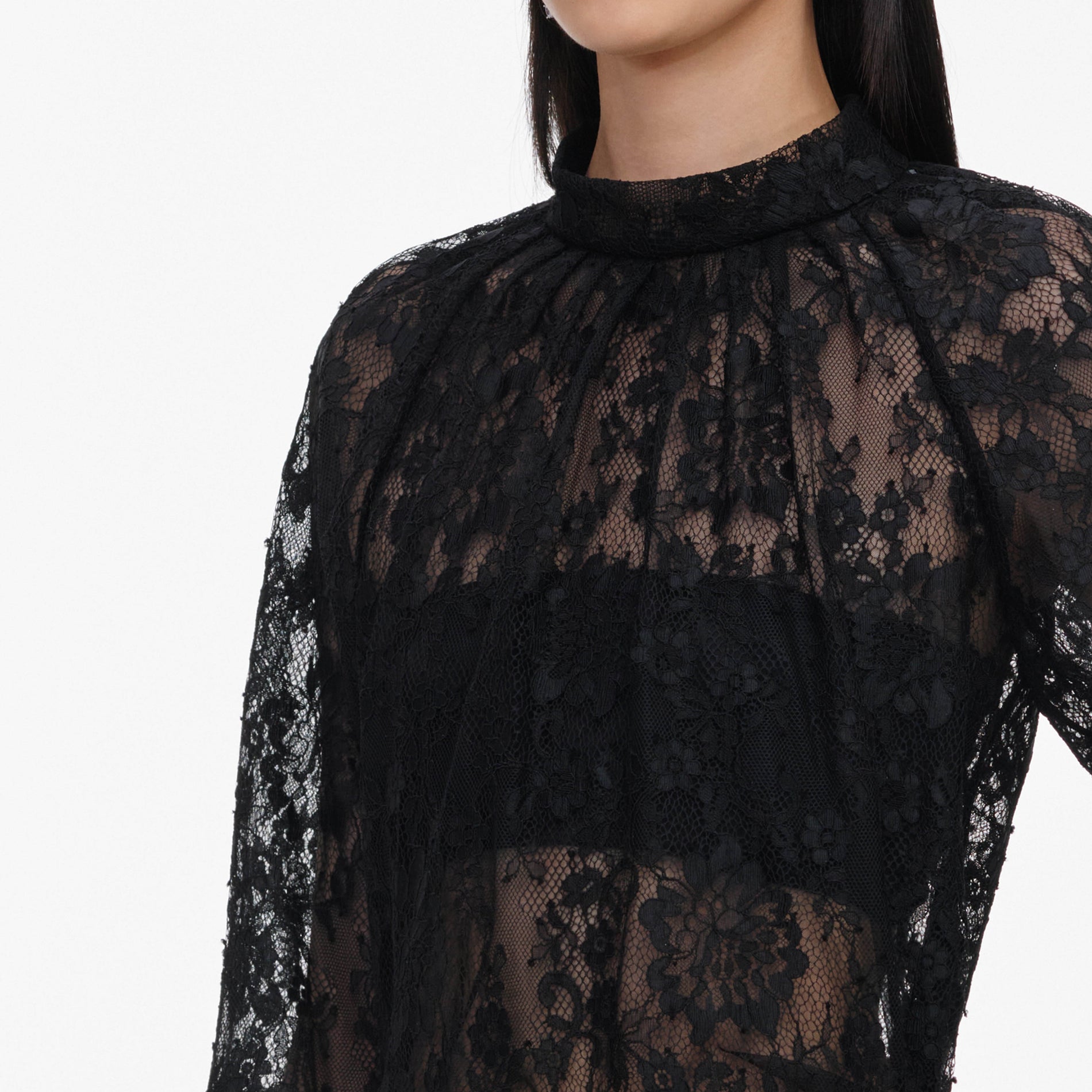 A close up of a woman wearing the Black Lace Blouse