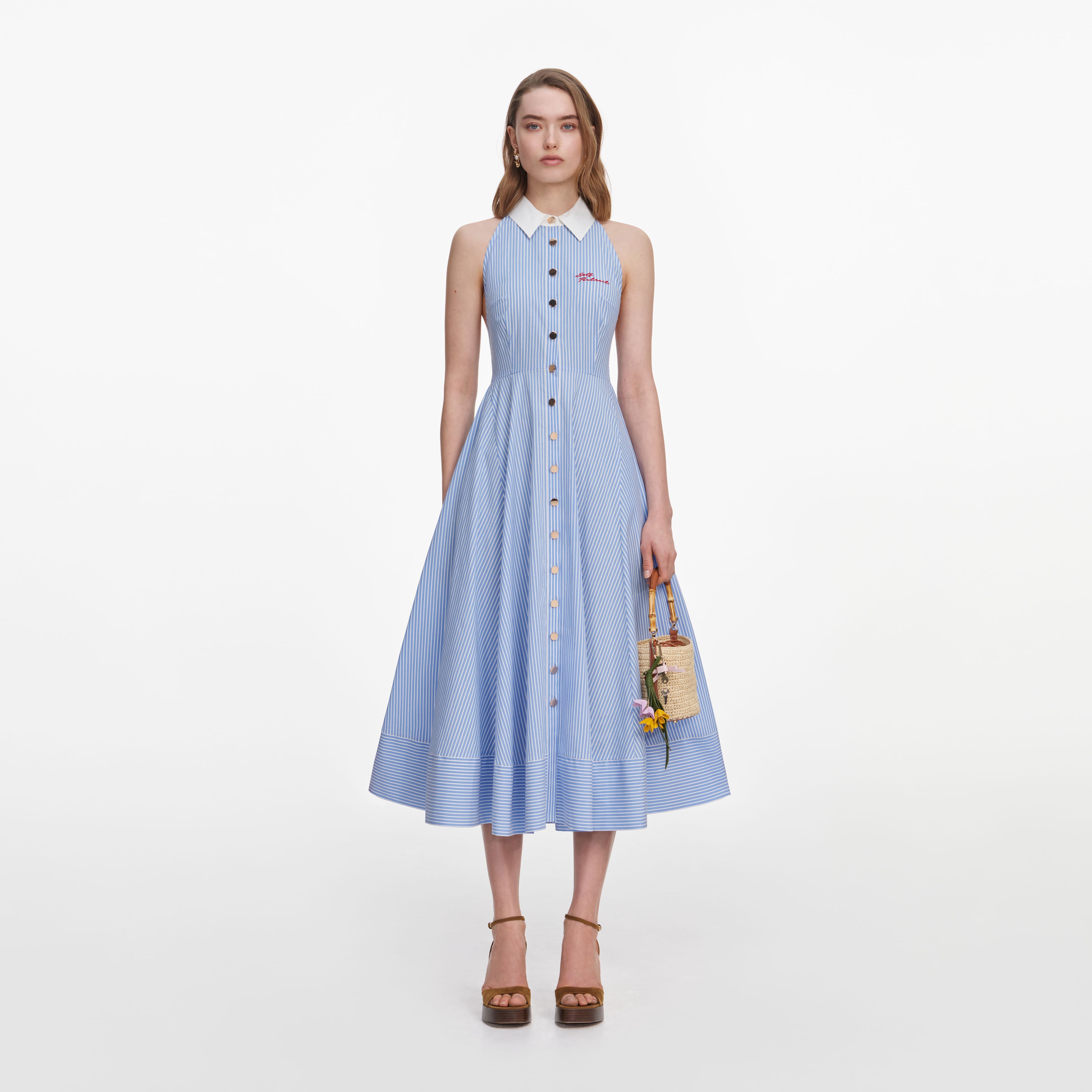 Blue Striped Cotton Midi Dress
