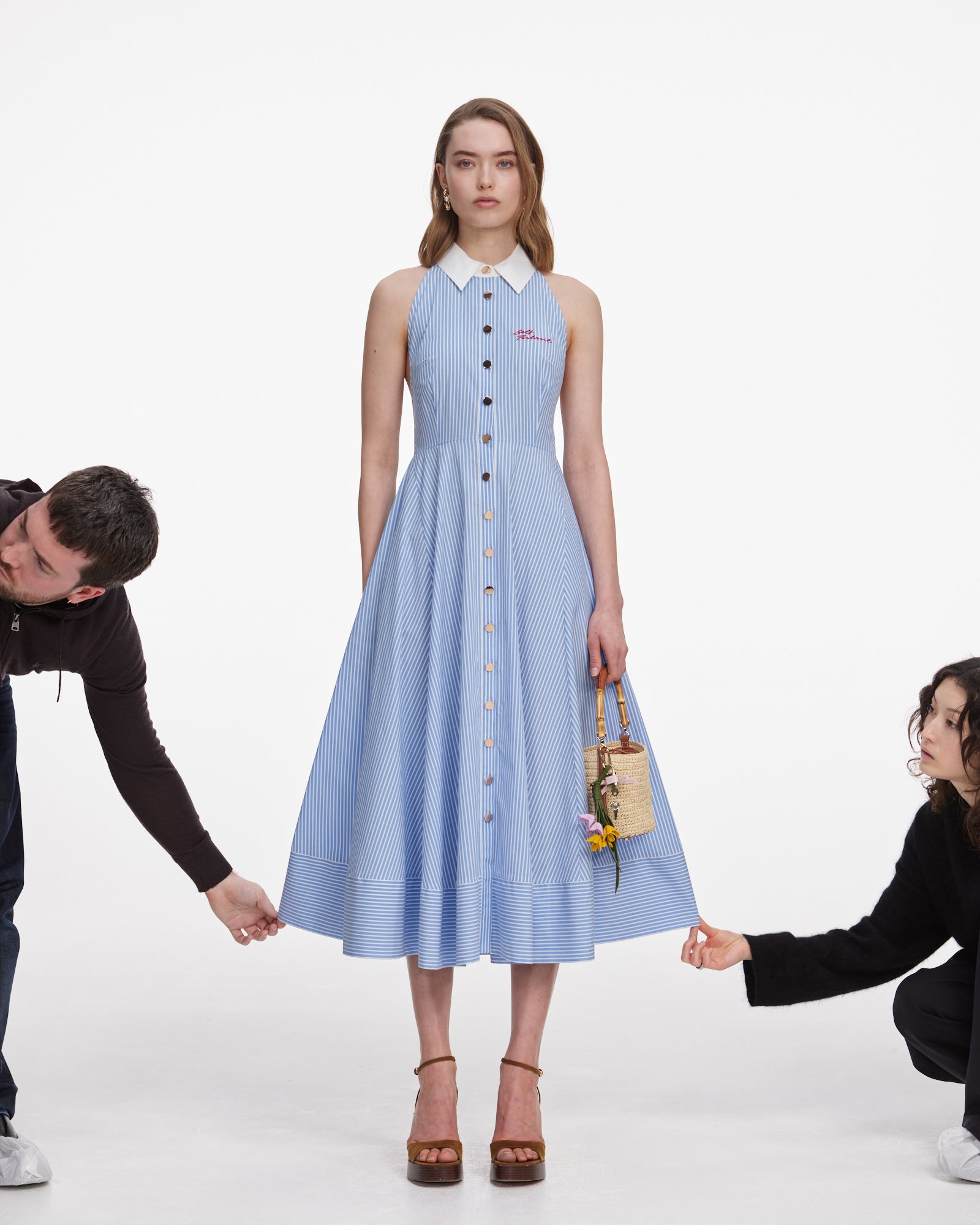 Blue Striped Cotton Midi Dress