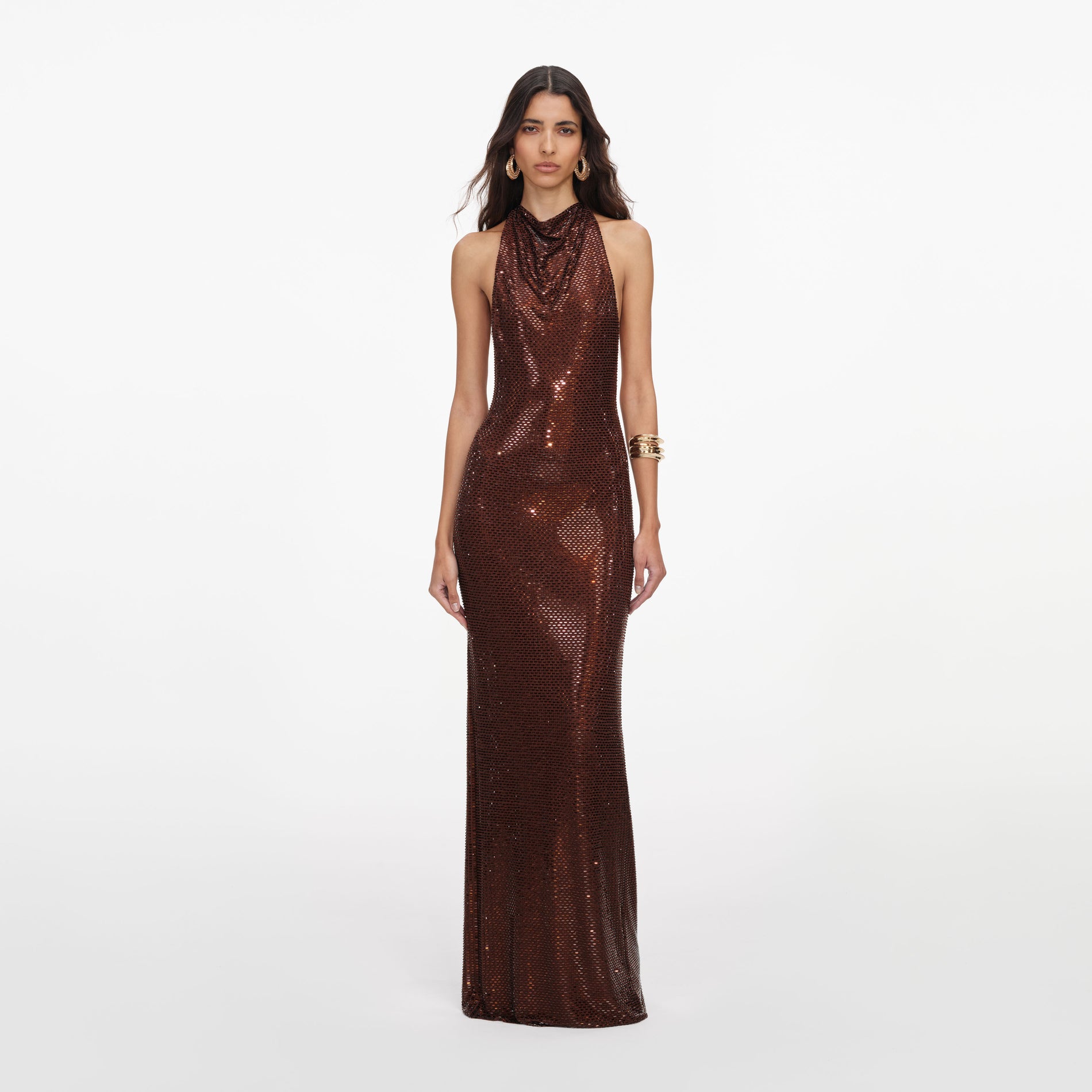 Front view of a woman wearing the Brown Rhinestone Racer Back Maxi Dress