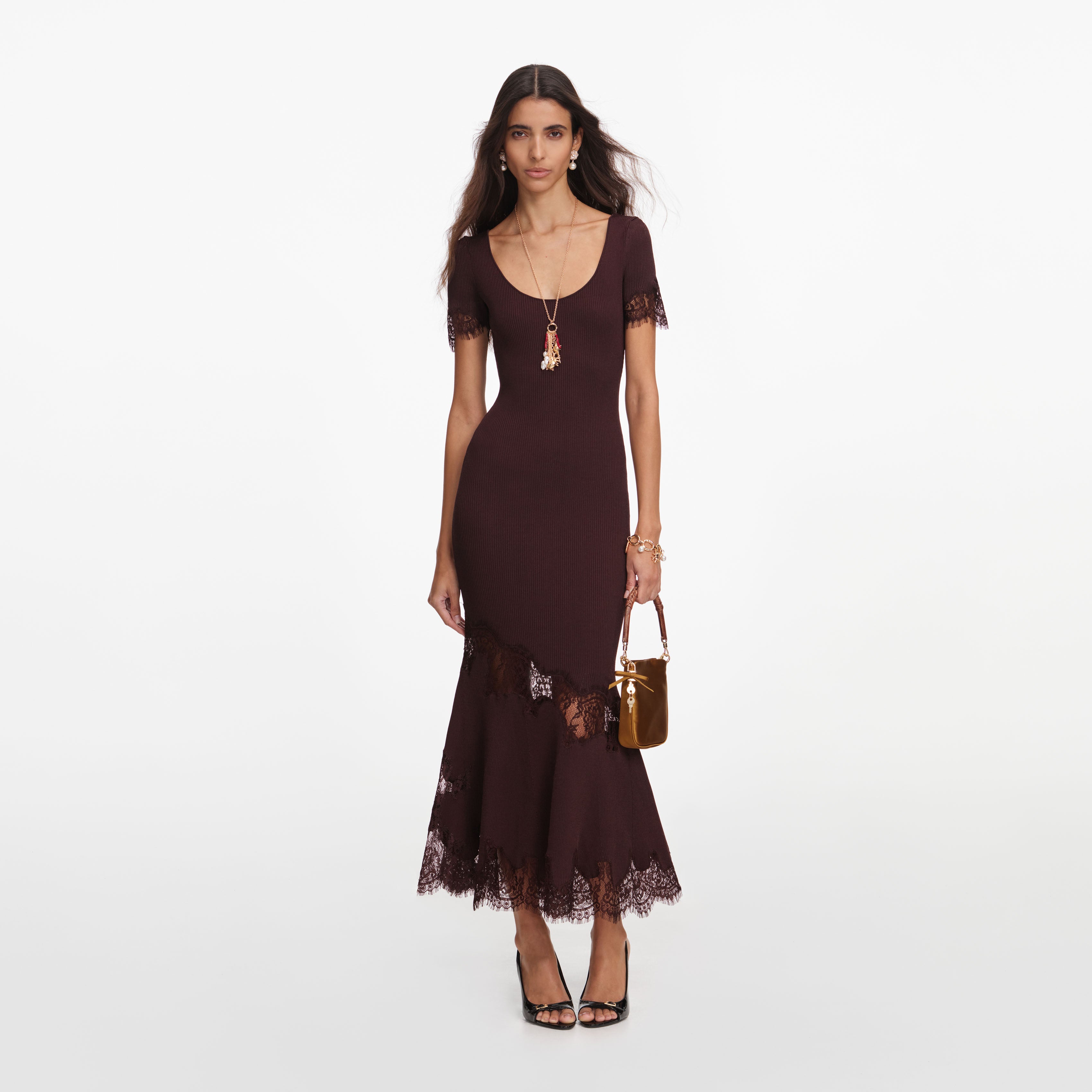 Brown Ribbed Knit Midi Dress  self-portrait