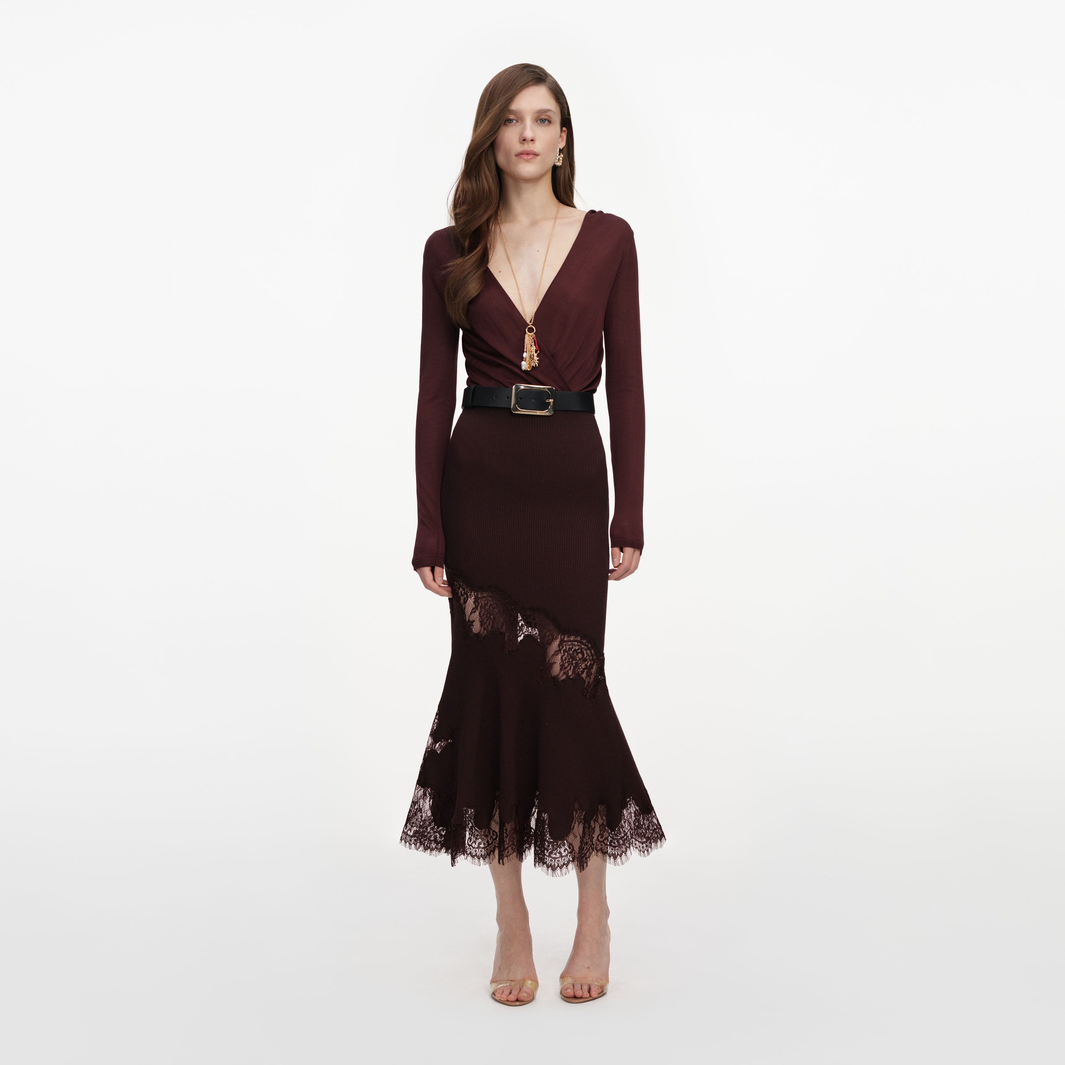 Brown Ribbed Knit Midi Skirt