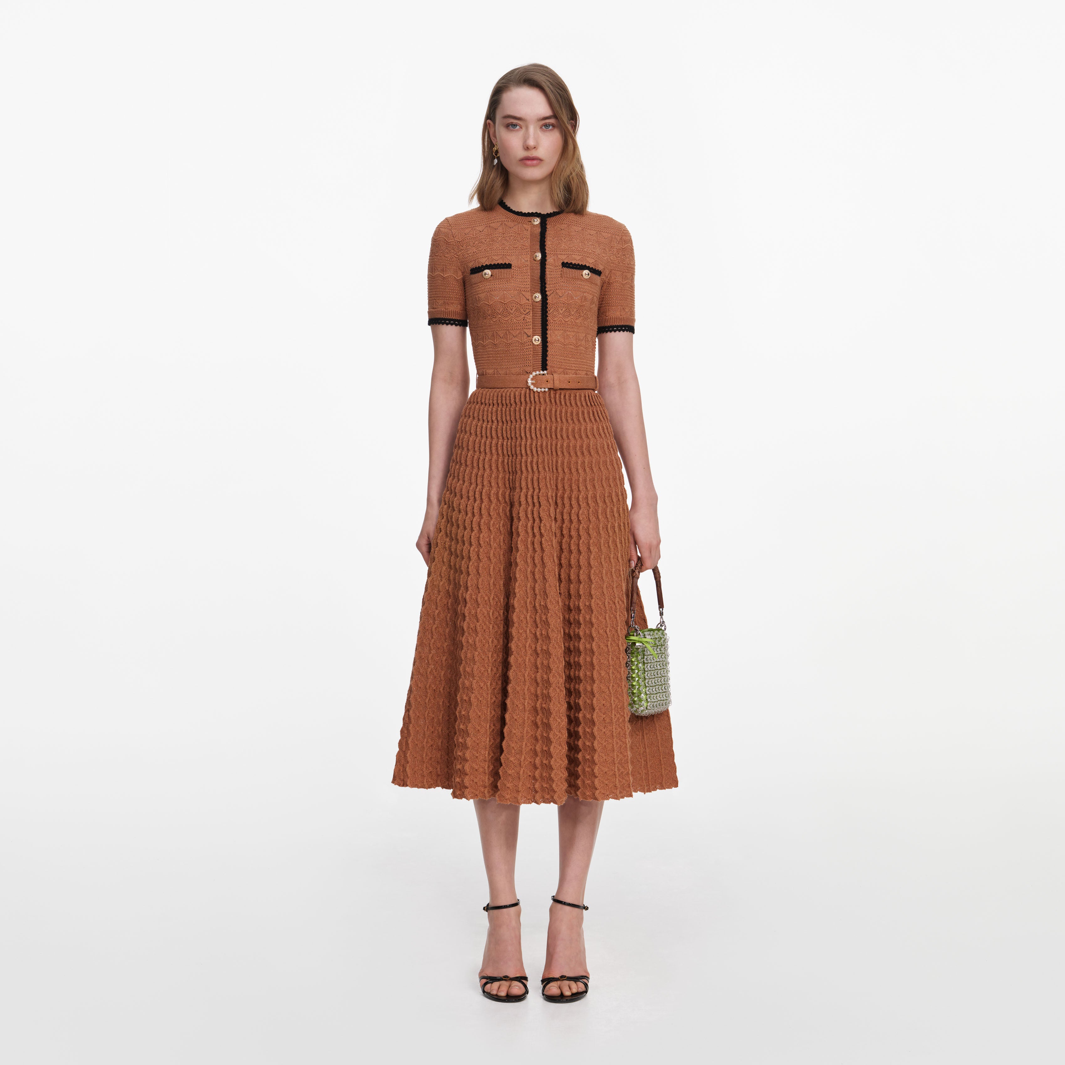 Brown Pointelle Knit Midi Dress – self-portrait