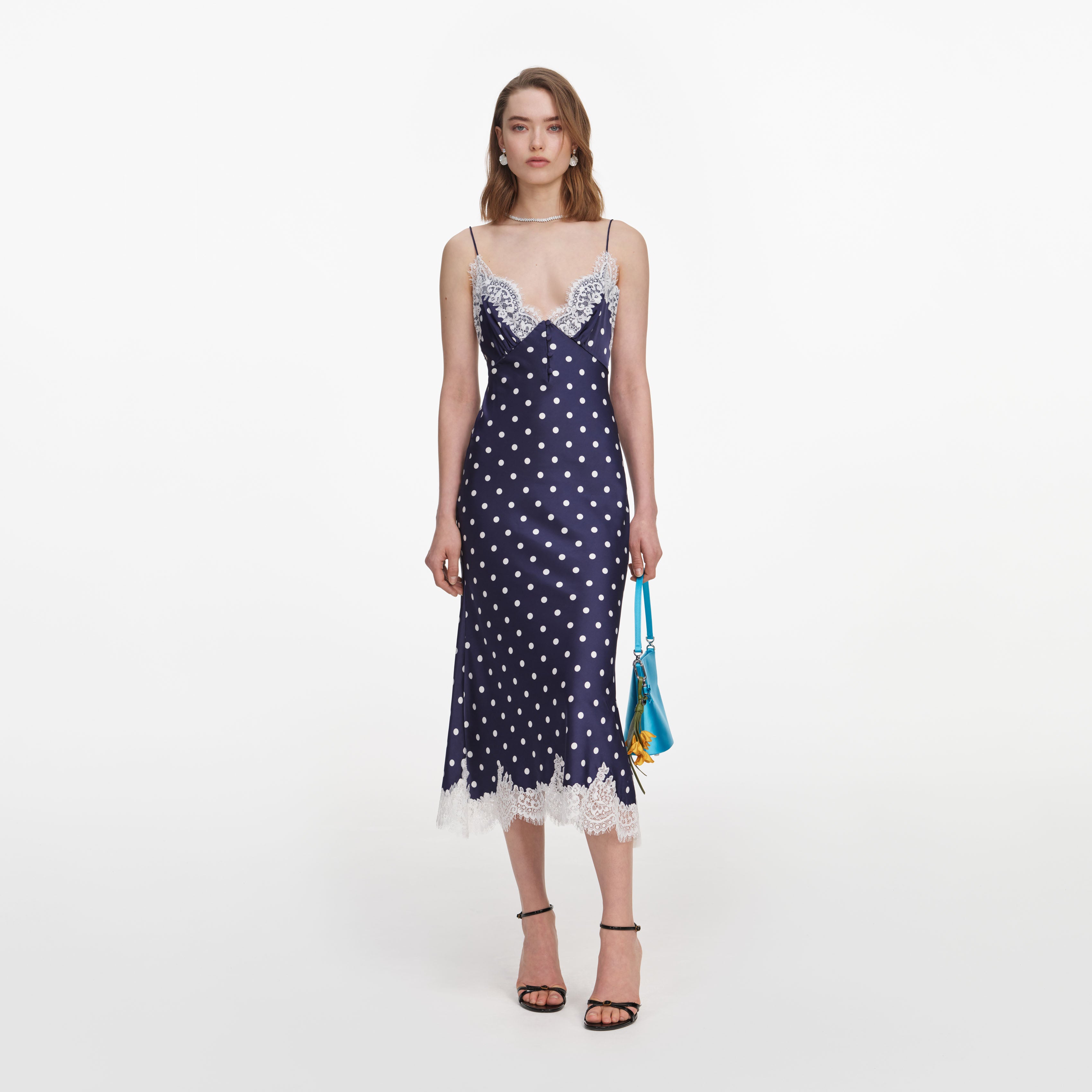 Navy Satin Polka Dot Midi Dress – self-portrait