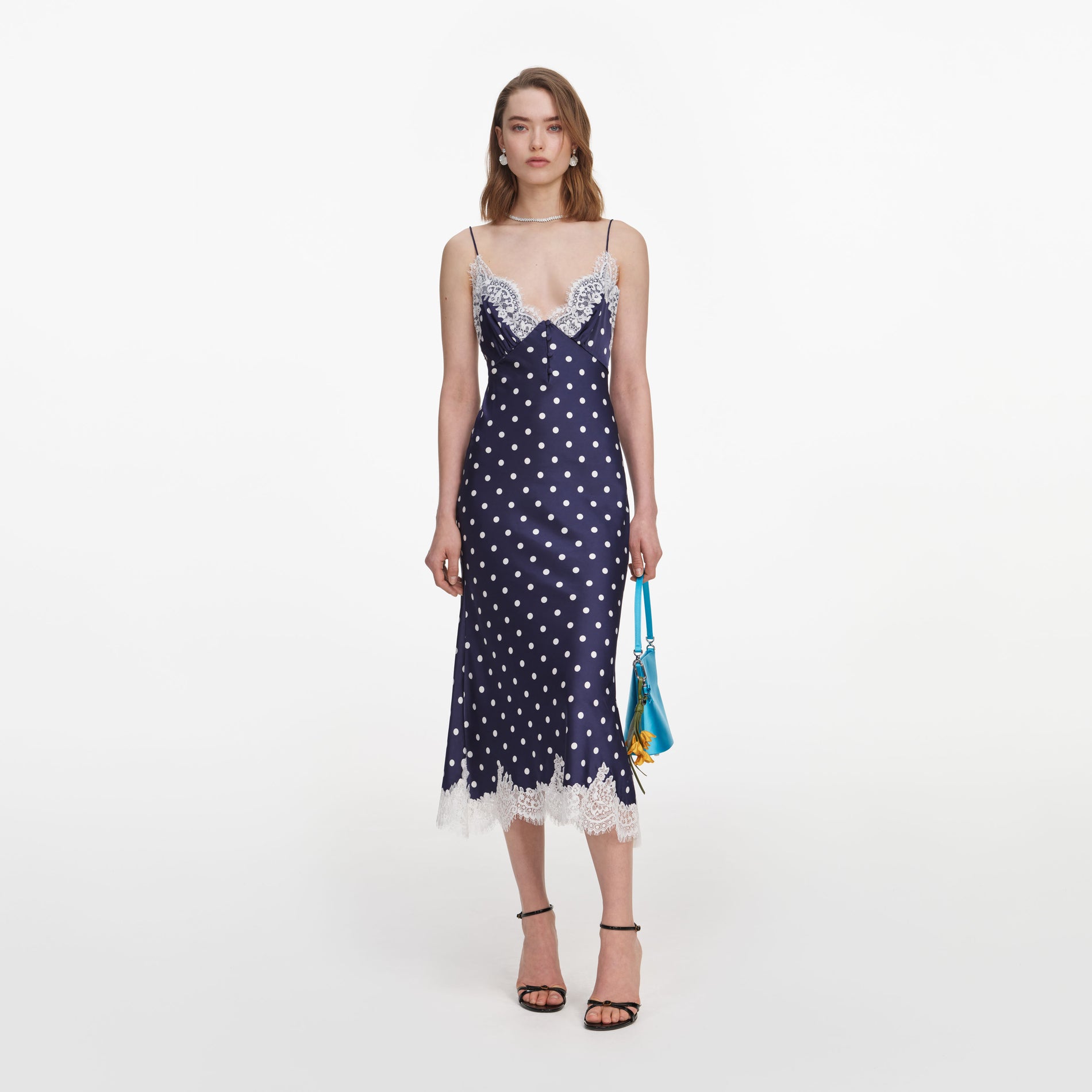 Navy Satin Polka Dot Midi Dress