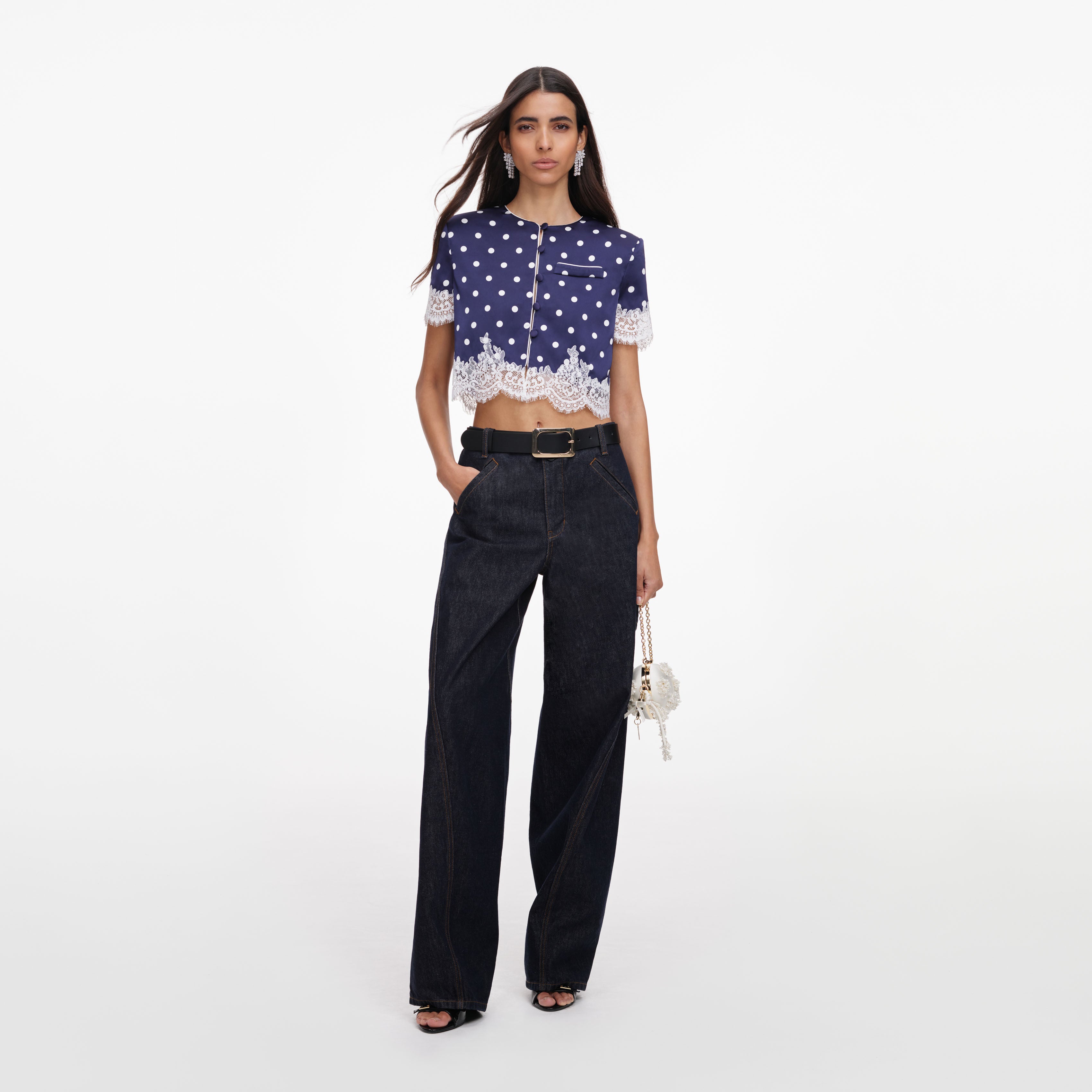 Navy Polka Dot Satin Top