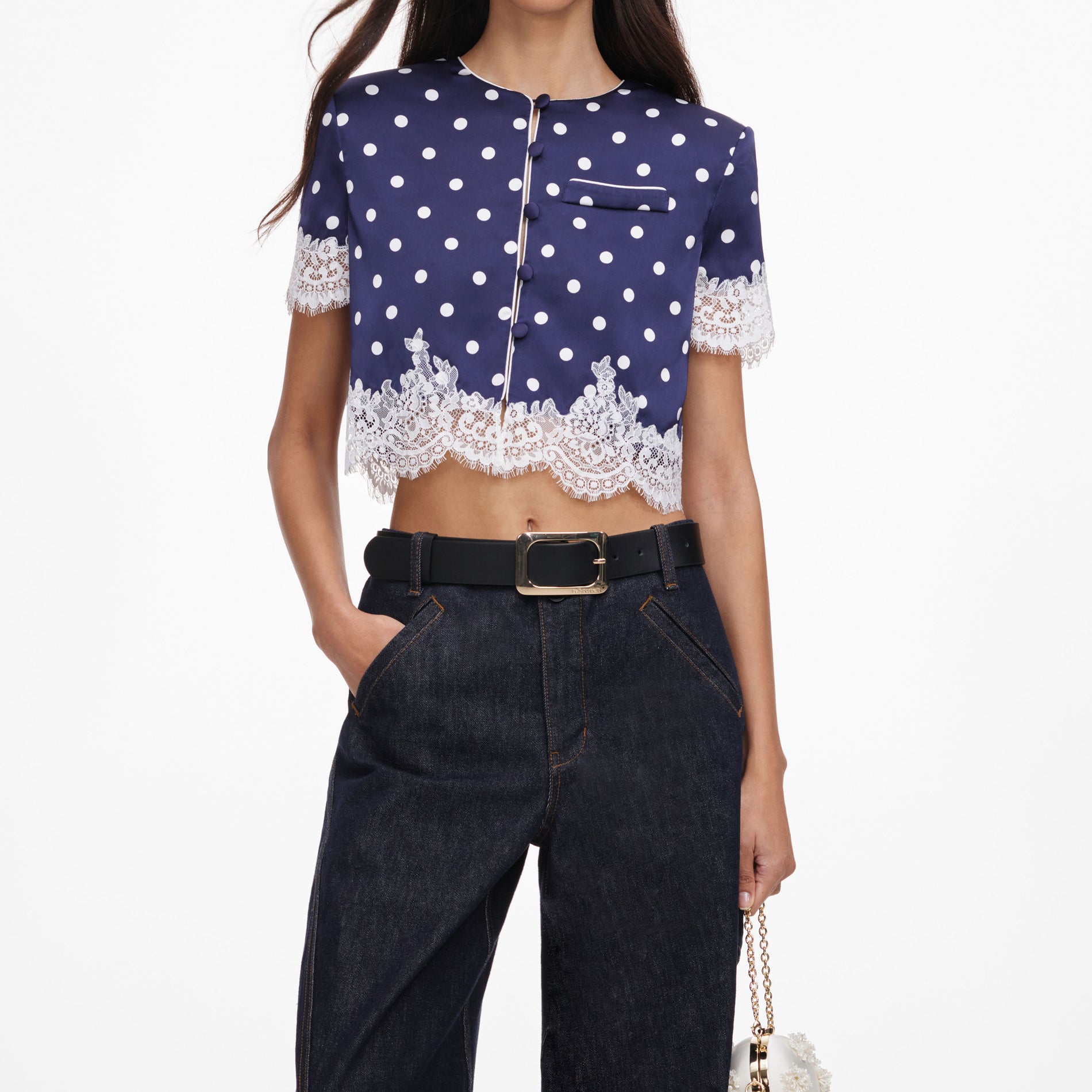 Navy Polka Dot Satin Top
