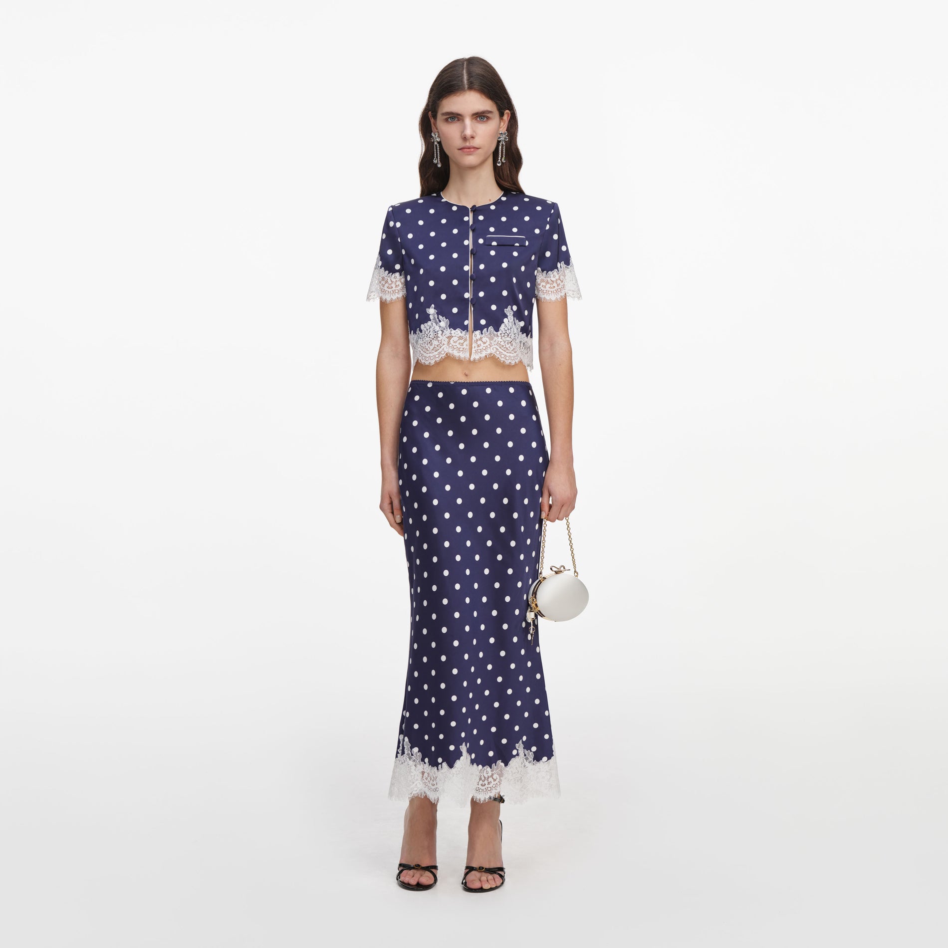Navy Polka Dot Satin Top