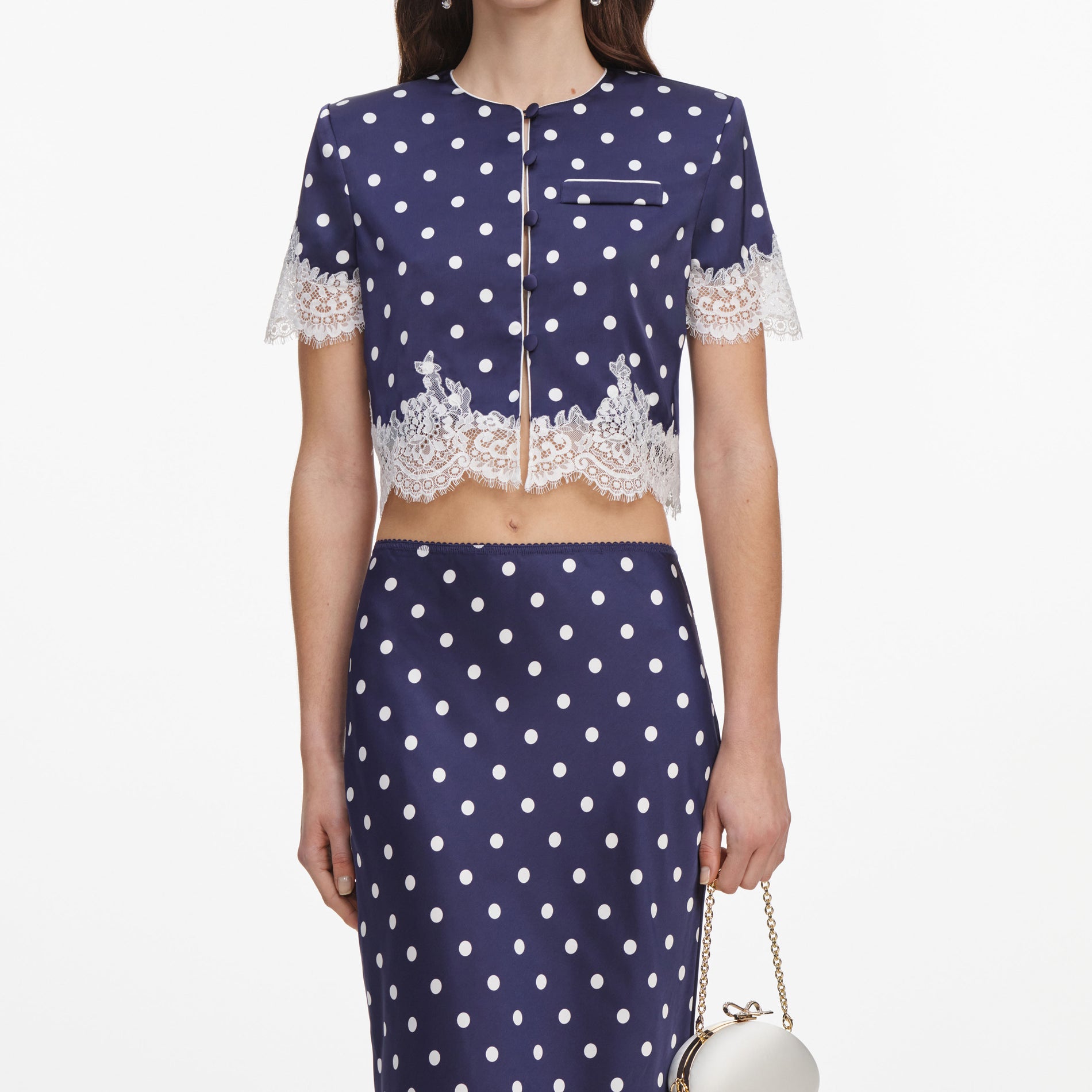 Navy Polka Dot Satin Top