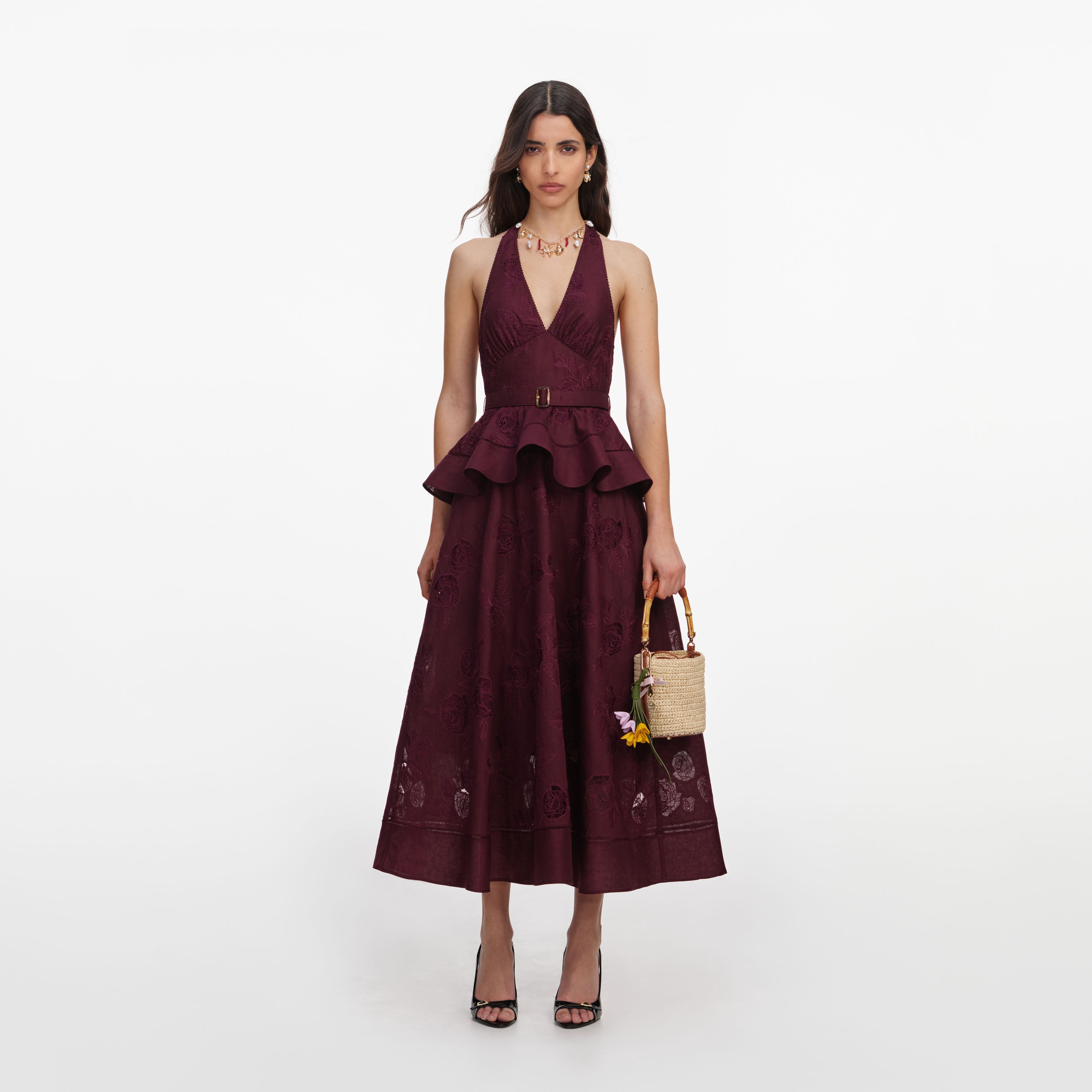 Plum Linen Blend Peplum Midi Dress Self portrait plum-linen-blend-peplum-midi-dress-self-portrait