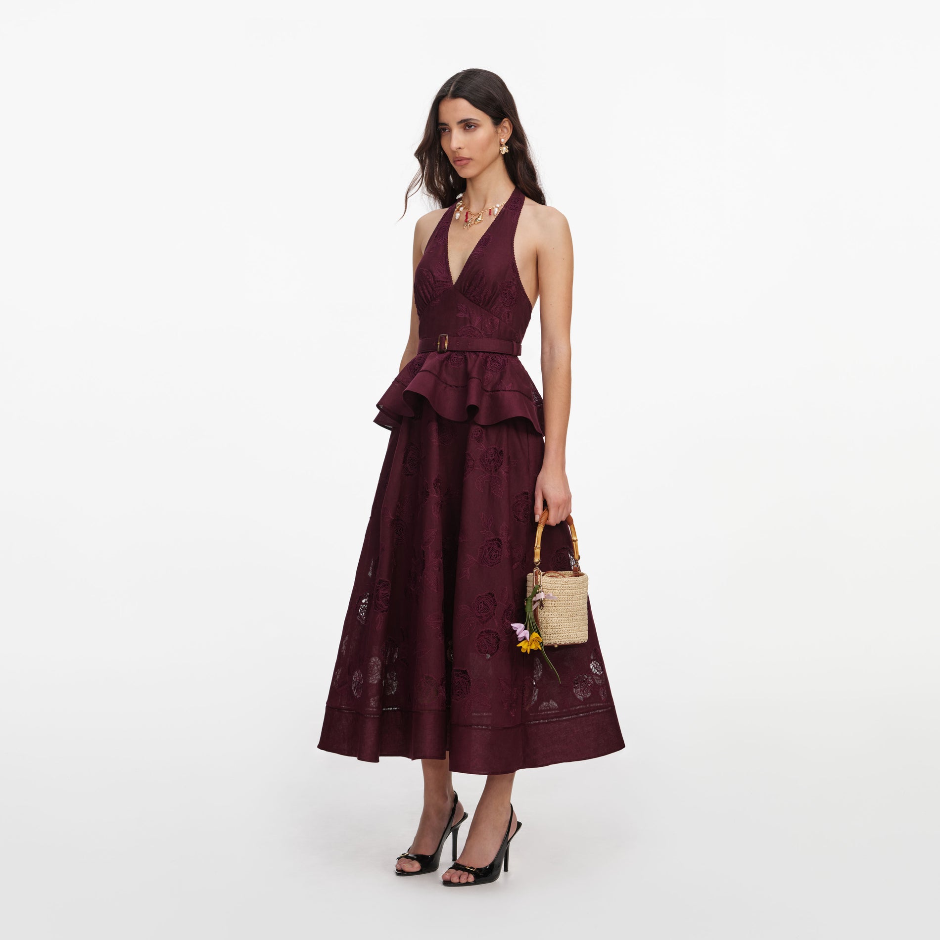 Plum Linen Blend Peplum Midi Dress