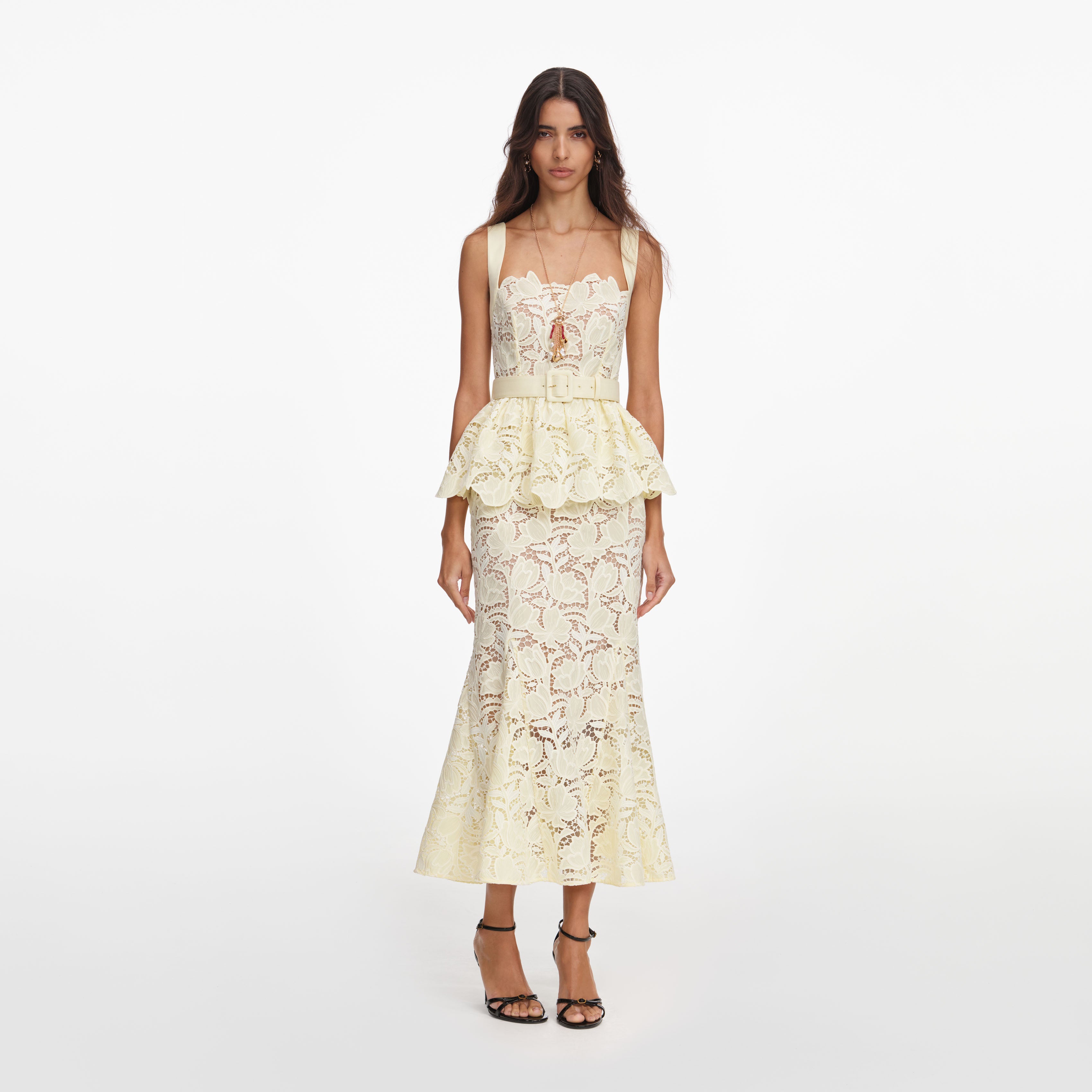 Yellow Lace Peplum Midi Dress – self-portrait