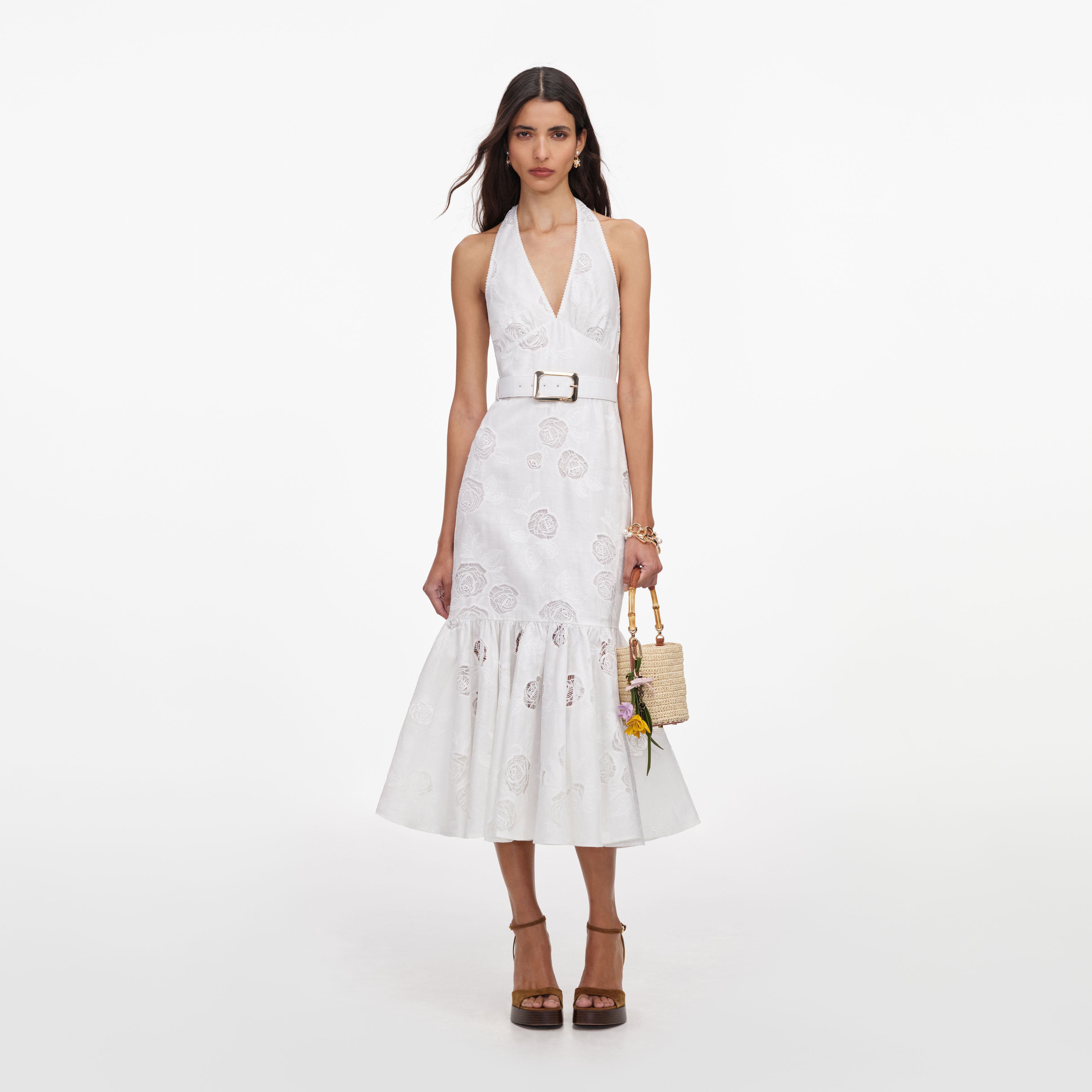 White Linen Blend Halterneck Midi Dress – self-portrait