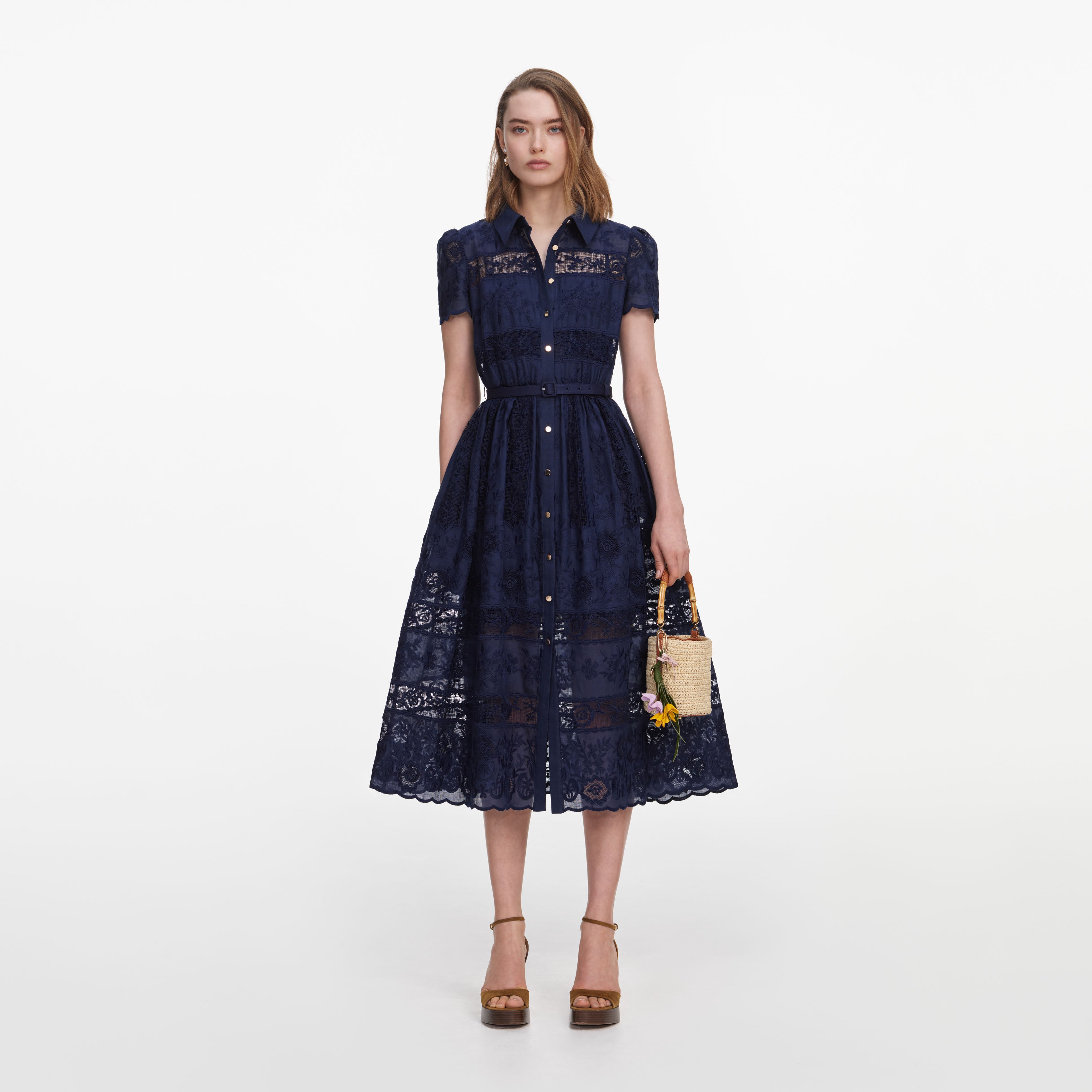 Navy Ramie Collared Midi Dress – self-portrait