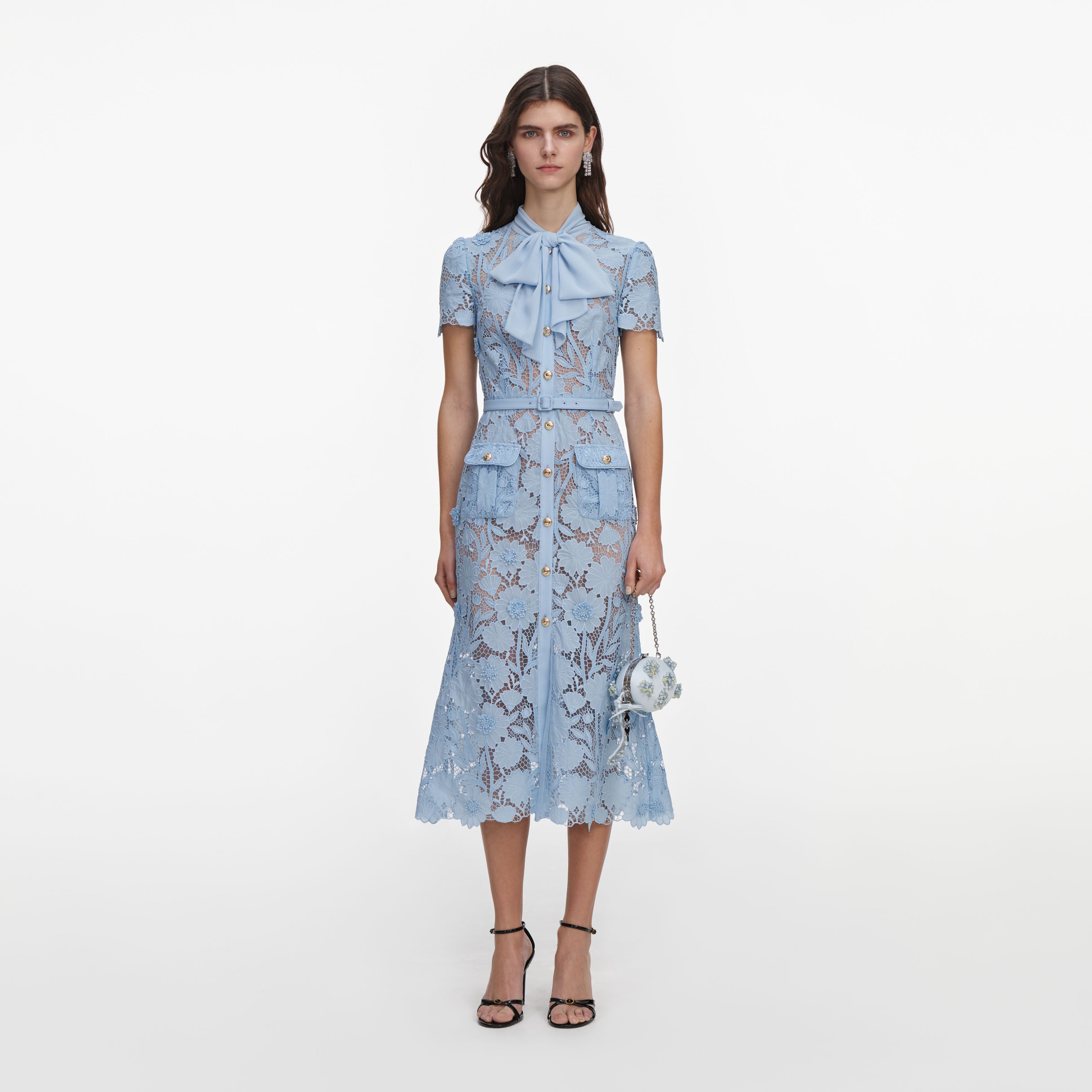 Blue Lace Tie Neck Midi Dress – self-portrait
