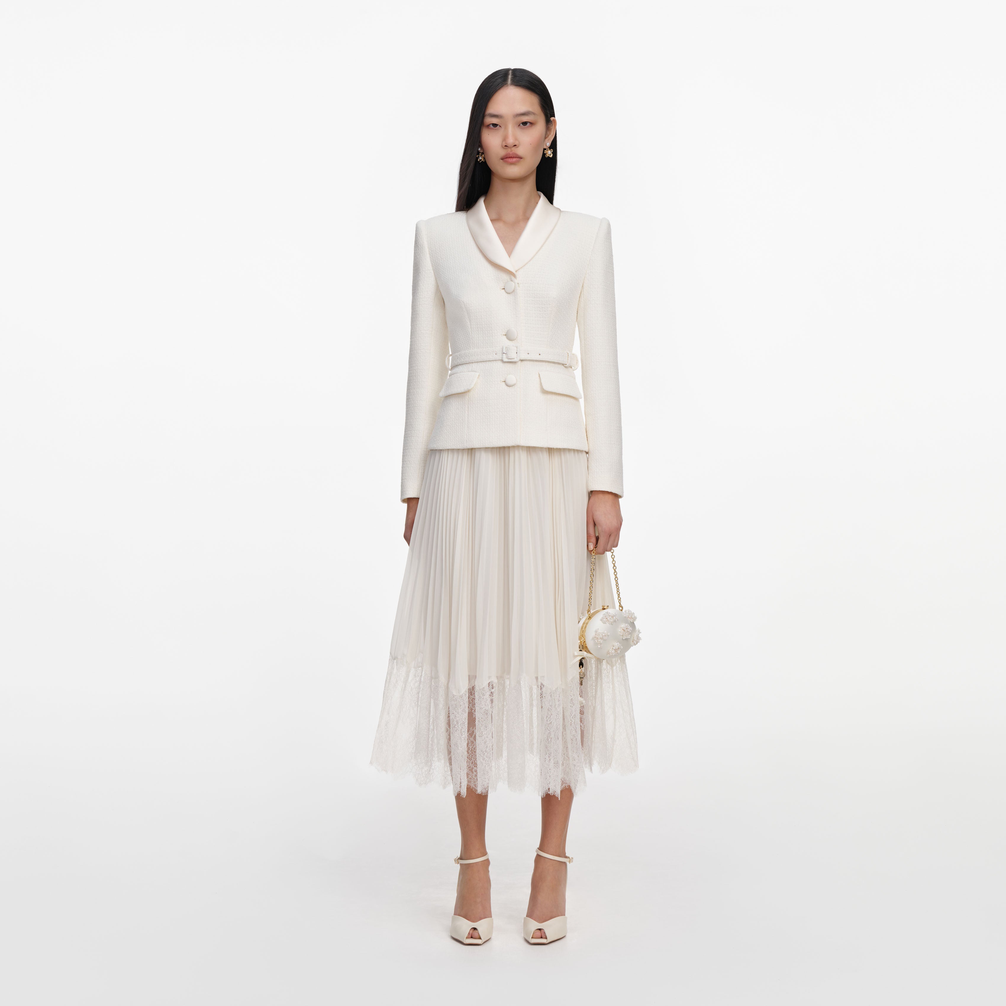 Cream Boucle Shawl Collared Midi Dress – self-portrait